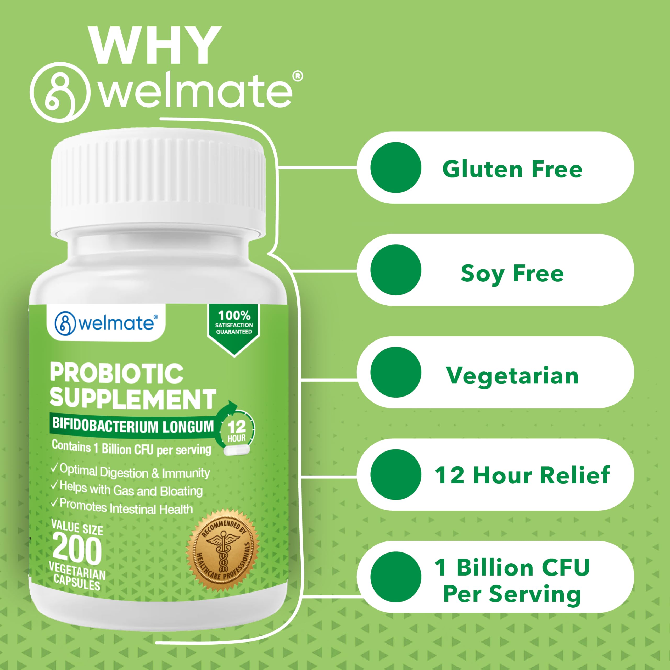 WELMATE Bifidobacterium - Probiotic Supplement - Supports Gut Health - Immune Support - Digestive Enzymes - Gluten Free - Vegan - Men & Womens Probiotic - Value Size - 200 Count WELMATE uk supplements