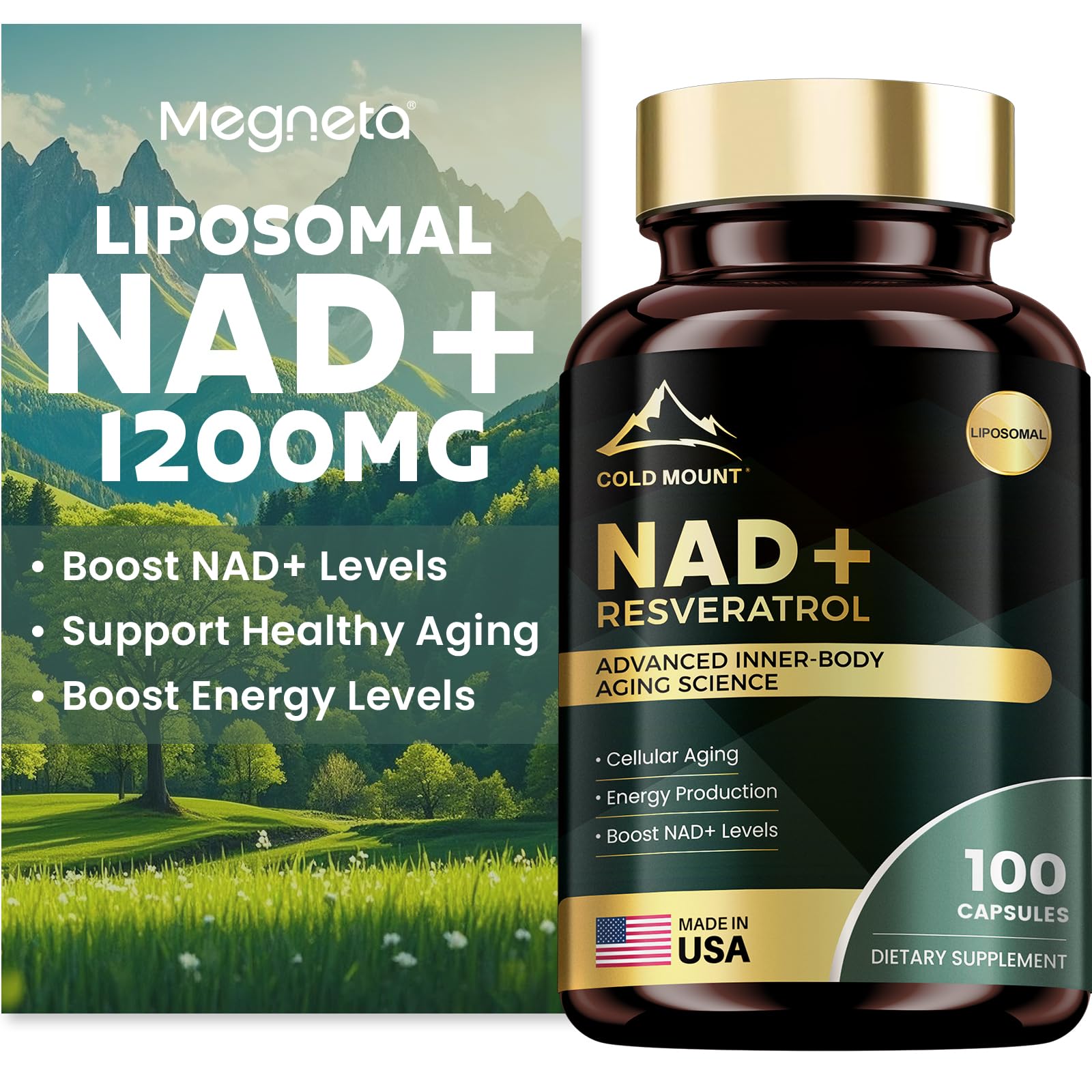 MEGNETA Liposomal NAD+ Supplement 1200mg with Trans Resveratrol - Boost NAD+ Levels, Energy & Anti-Aging Support - Vegan, 100 Capsules MEGNETA uk supplements