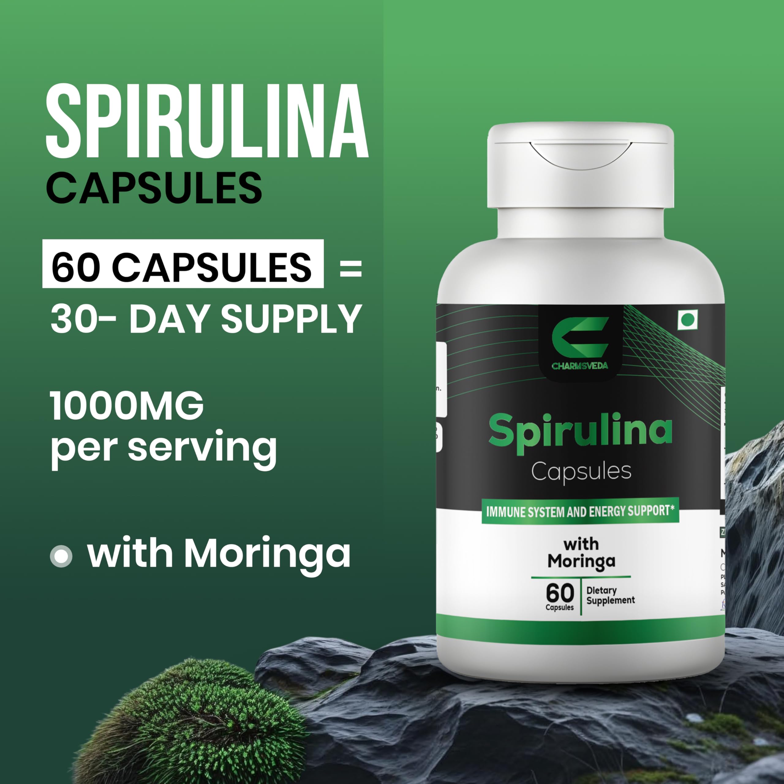 CHARMSVEDA Spirulina Capsules with Moringa – Herbal Immune Support* – 60 Vegan Capsules CHARMSVEDA uk supplements