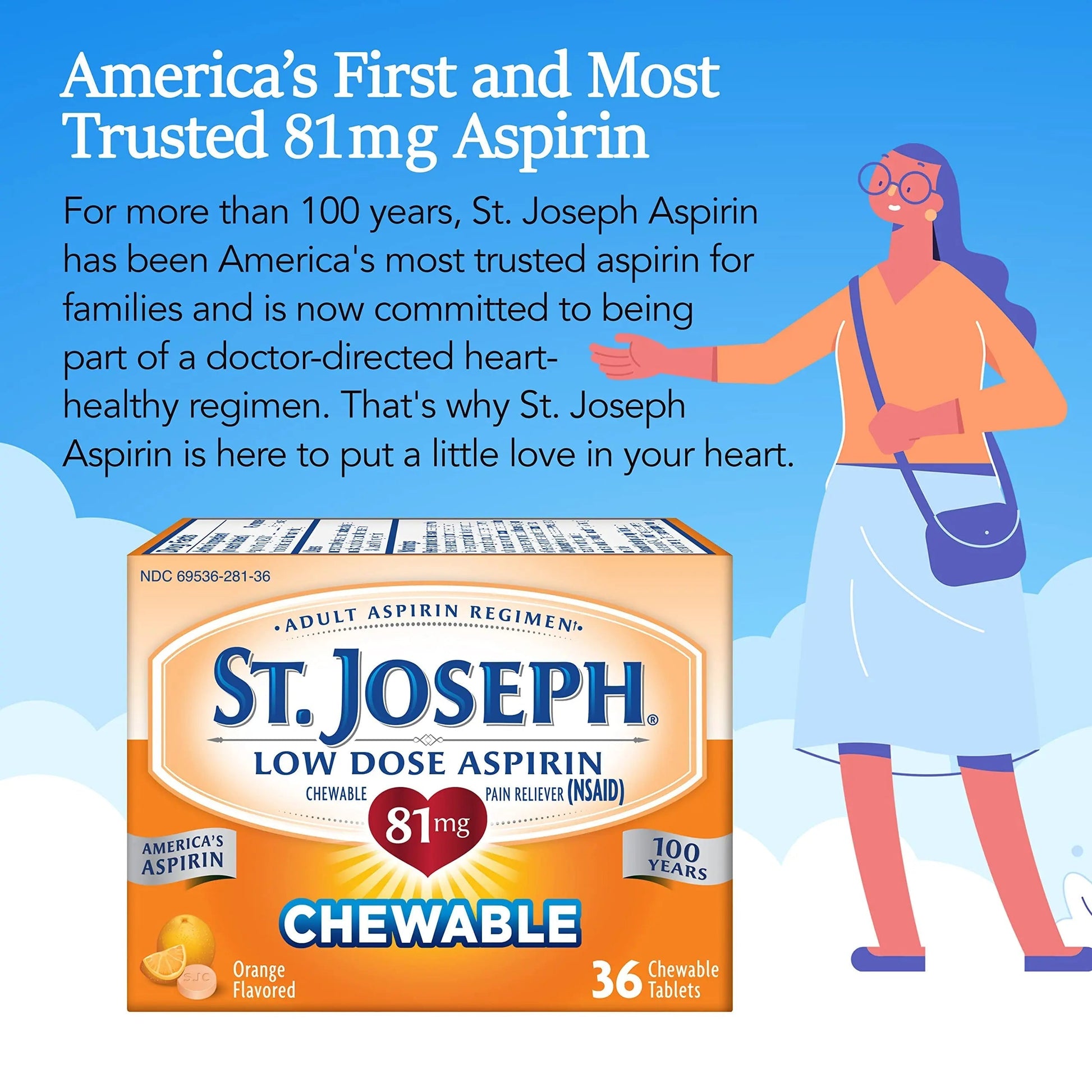 St. Joseph Aspirin Pain Reliever (NSAID) 81mg, Chewable Orange Tablets, Adult Low Dose Regimen, 36 ct St. Joseph uk supplements