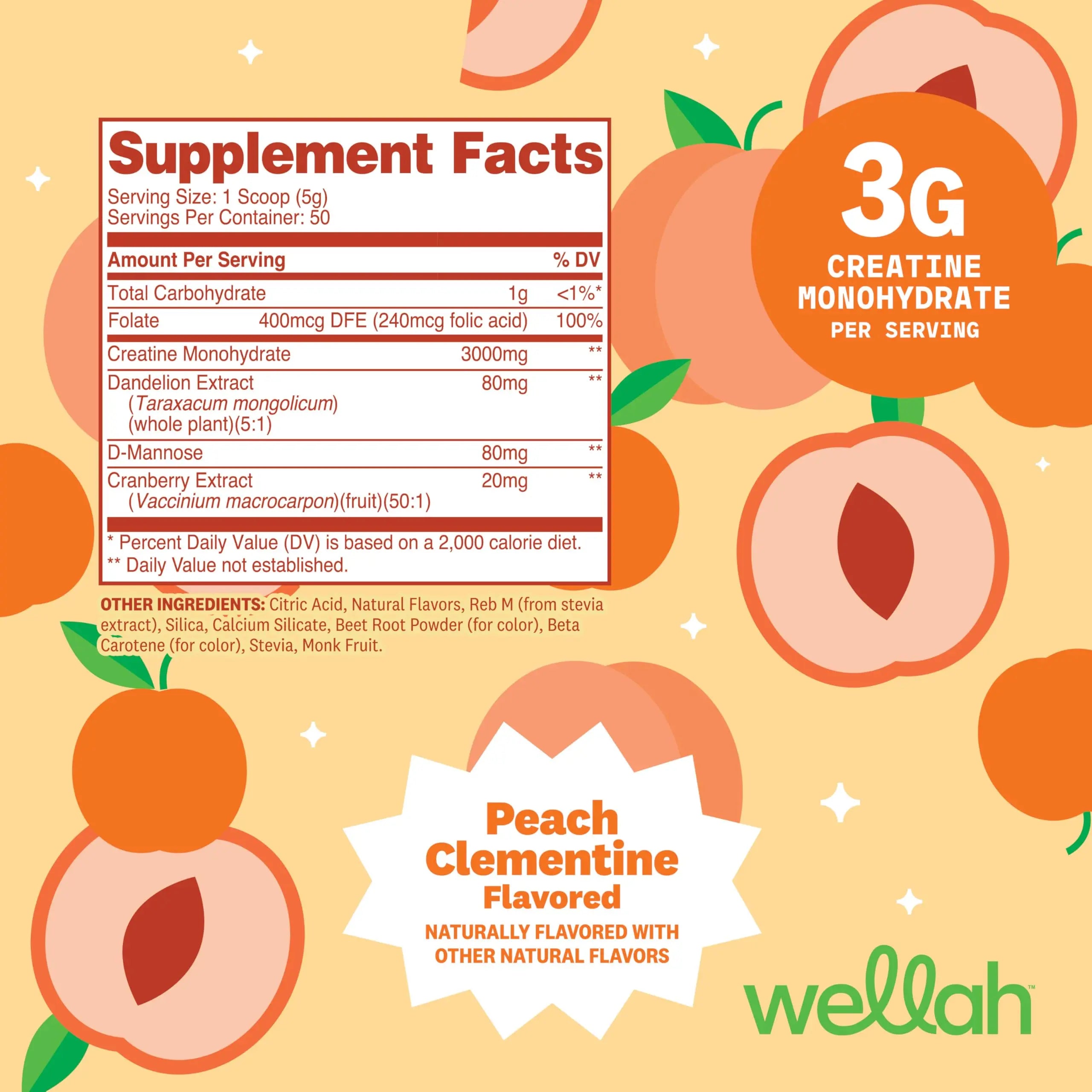 Wellah Creatine for Women - Creatine Monohydrate with Dandelion & Cranberry Extract (50 Servings, Clementine Peach) Wellah uk supplements