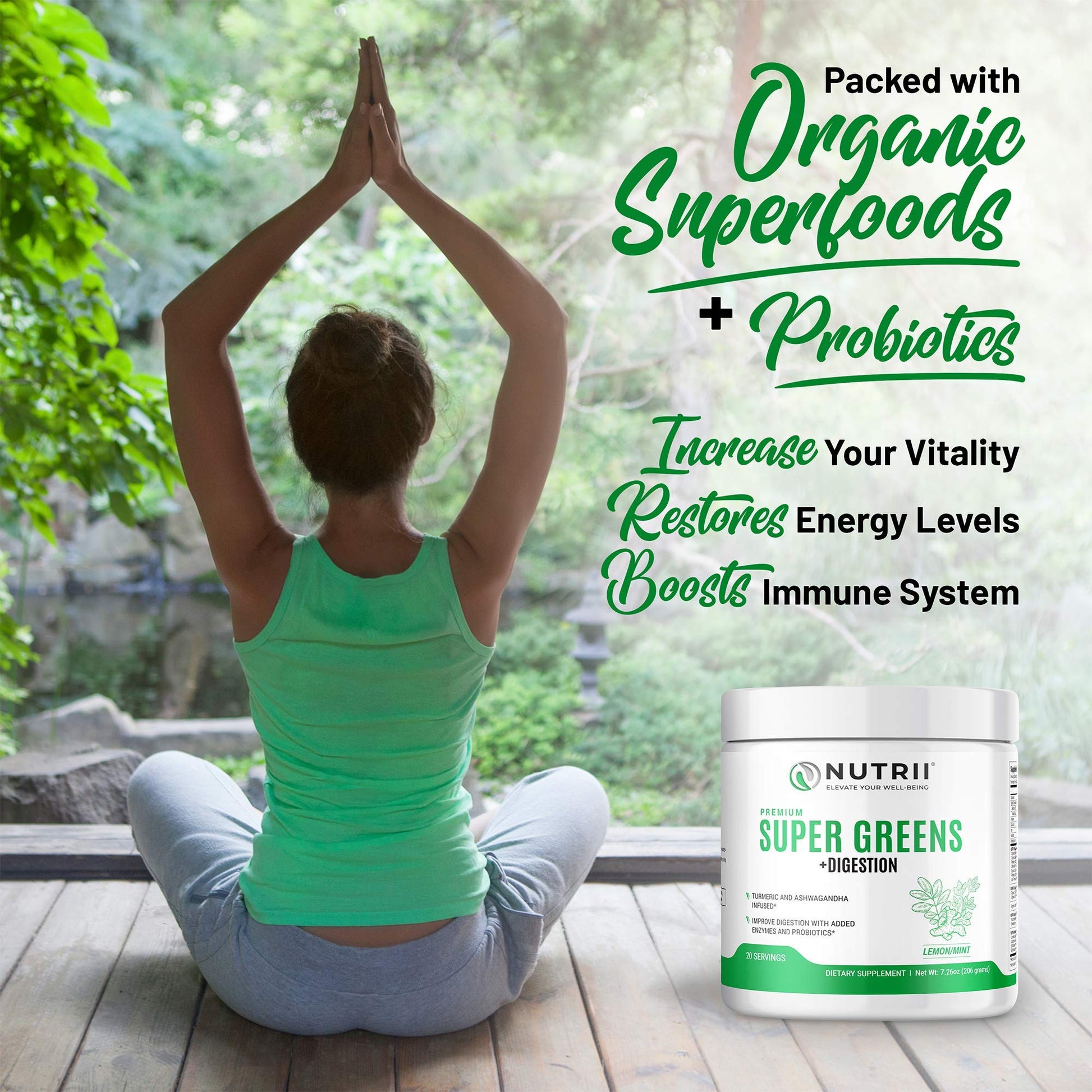 Nutrii Organic Green Immunity Superfood Powder - Soothes Digestion, Boosts Healthy Vitality and Energy. Fast Acting Formula with Probiotics, Enzymes, Turmeric and Ashwagandha (30 Servings Lemon-Mint) Nutrii uk supplements