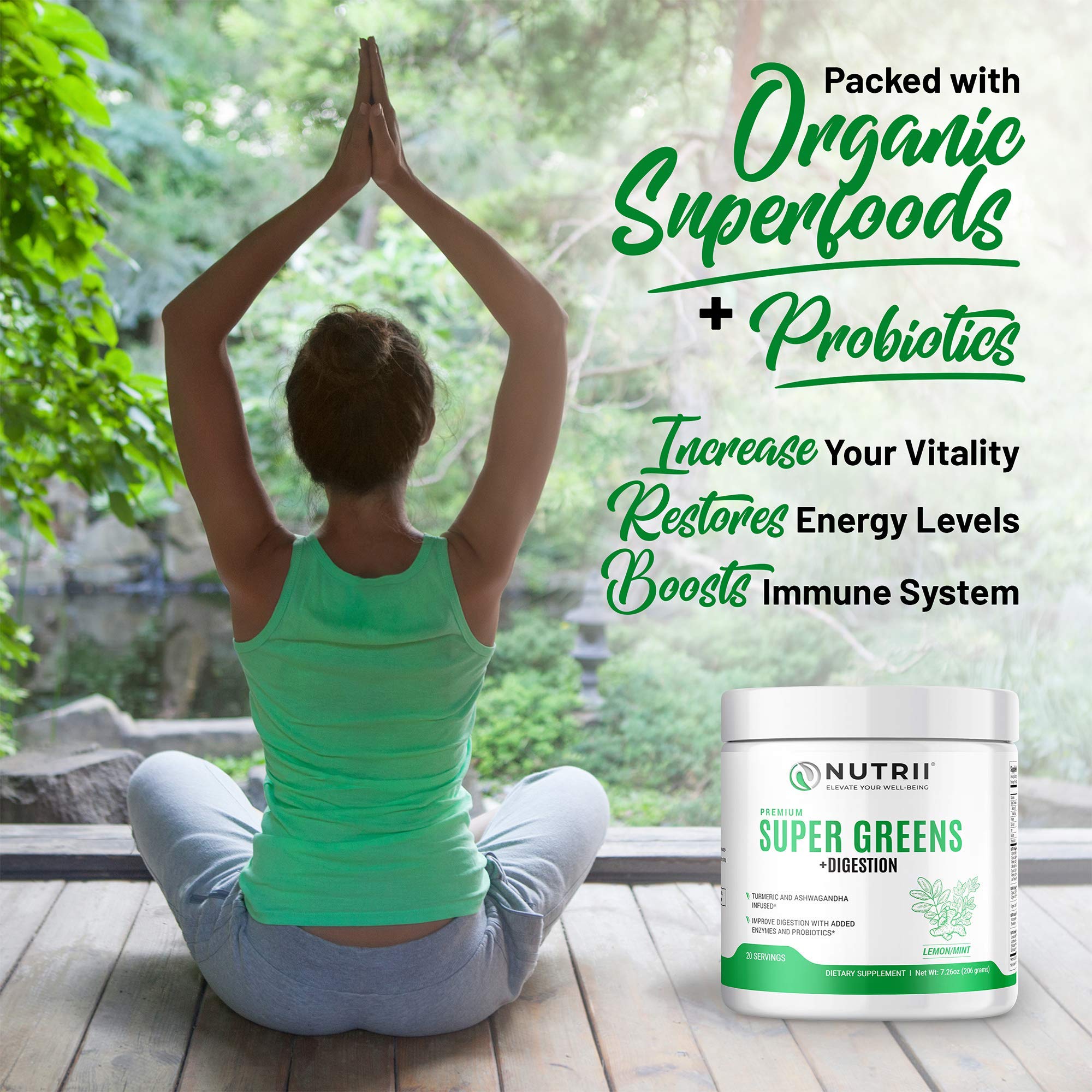 Nutrii Organic Green Immunity Superfood Powder - Soothes Digestion, Boosts Healthy Vitality and Energy. Fast Acting Formula with Probiotics, Enzymes, Turmeric and Ashwagandha (30 Servings Lemon-Mint) Nutrii uk supplements
