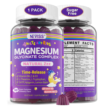 Magnesium Glycinate Gummies for Adults & Kids 4+, Sugar Free Magnesium Bisglycinate Supplement 400/200mg with B6D3, 5HTP, L-Theanine for Sleep & Relaxation