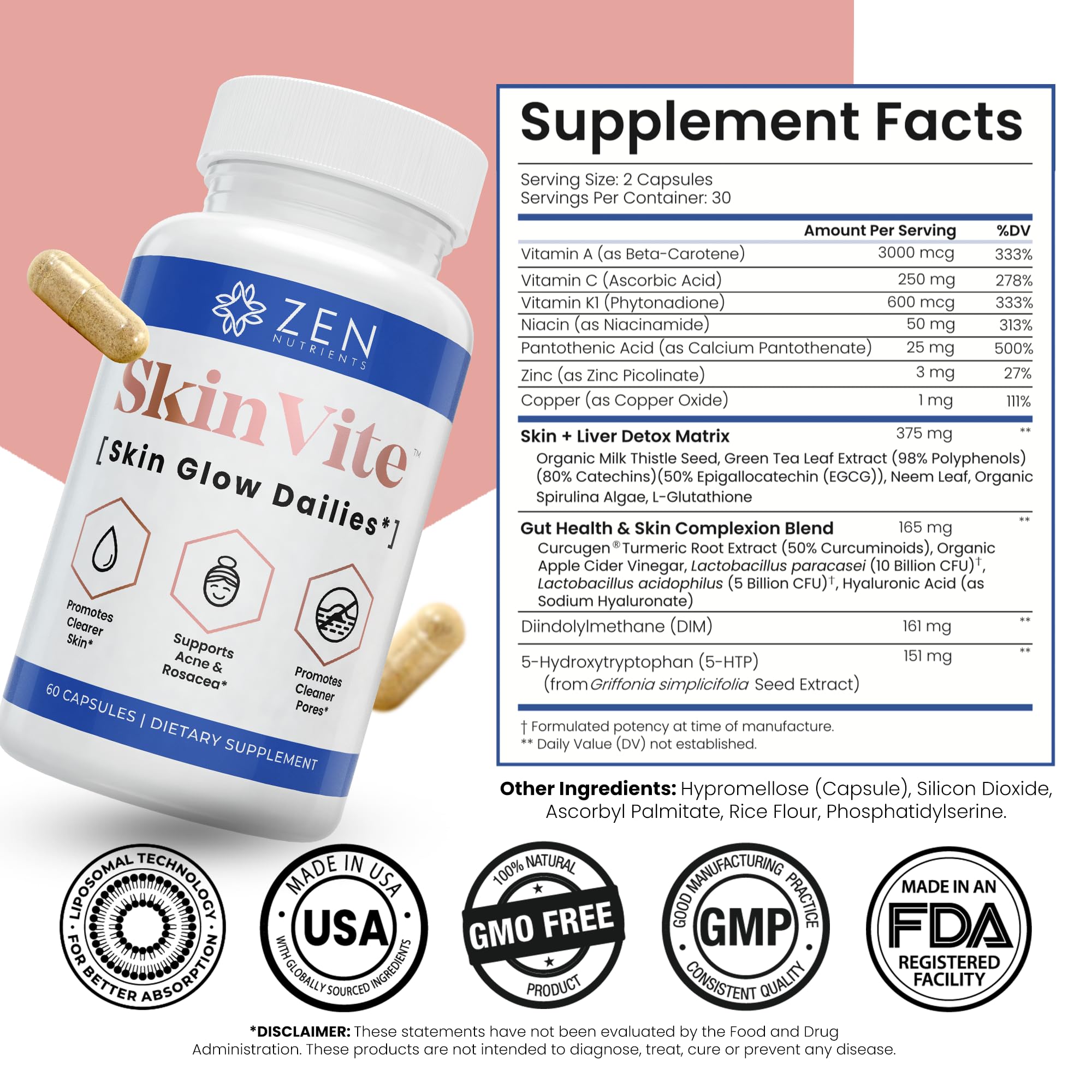 Zen Nutrients SkinVite Natural Skin Supplement for Women, Men & Teens - Hormonal Breakouts & Clear Skin Support Supplement - Detoxifying Vitamin for Acne and Digestion Support Zen Nutrients uk supplements