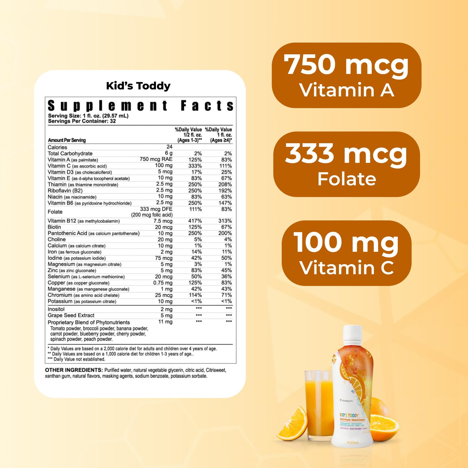 Youngevity Kid's Toddy™ - Mega Multivitamin for Kids & Children Age 2+ - 14 Vitamins, 10 Minerals, Phytonutrient Blend - Highly Absorbable - Great Tasting Orange 32 Fl Oz (Pack of 2) Youngevity uk supplements