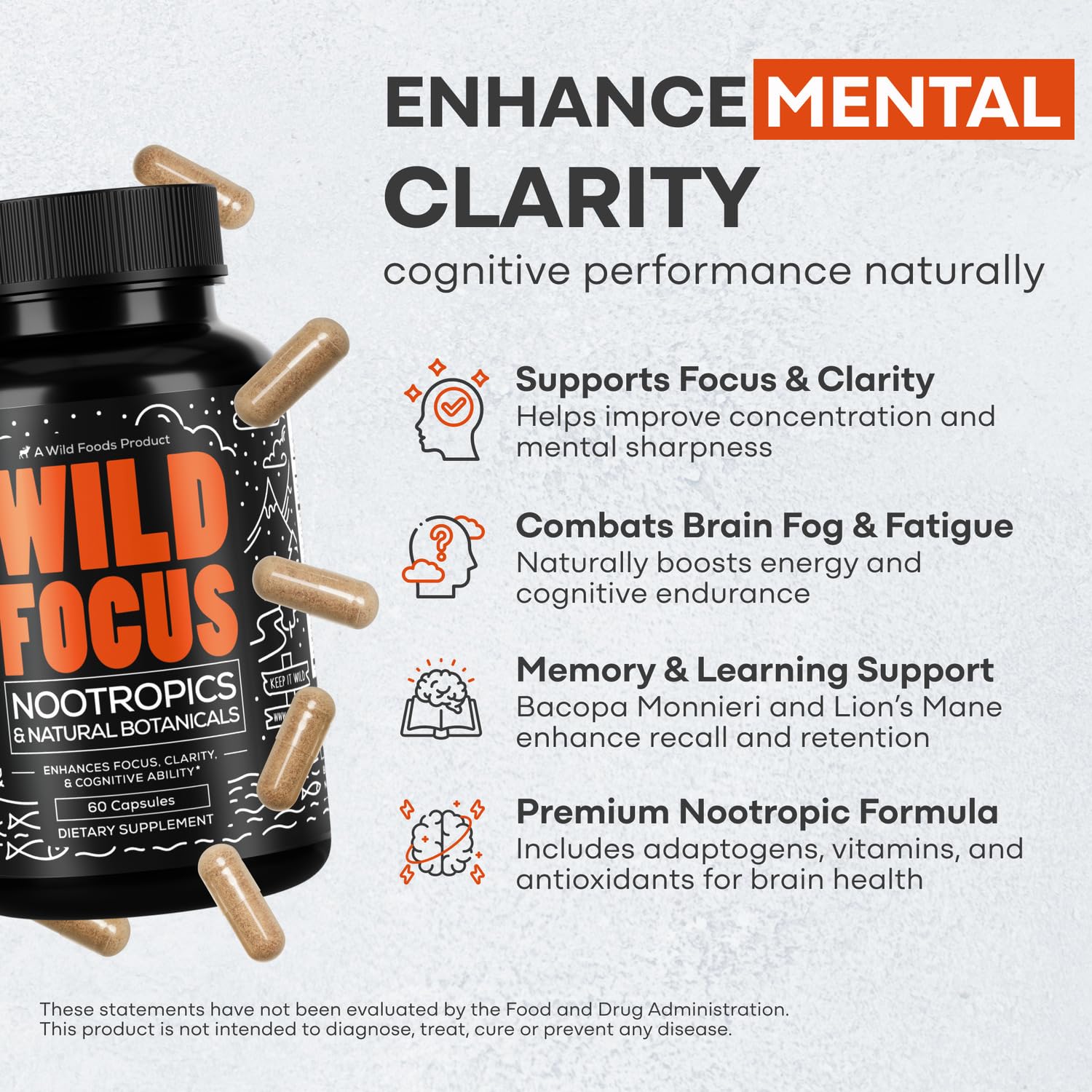 Wild Focus Brain Supplements | Caffeine-Free, Plant-Based Botanicals | Lions Mane, Ginkgo Biloba, Bacopa Monnieri, Lemon Balm | 100% Natural Nootropic | 60 caps Wild Foods uk supplements