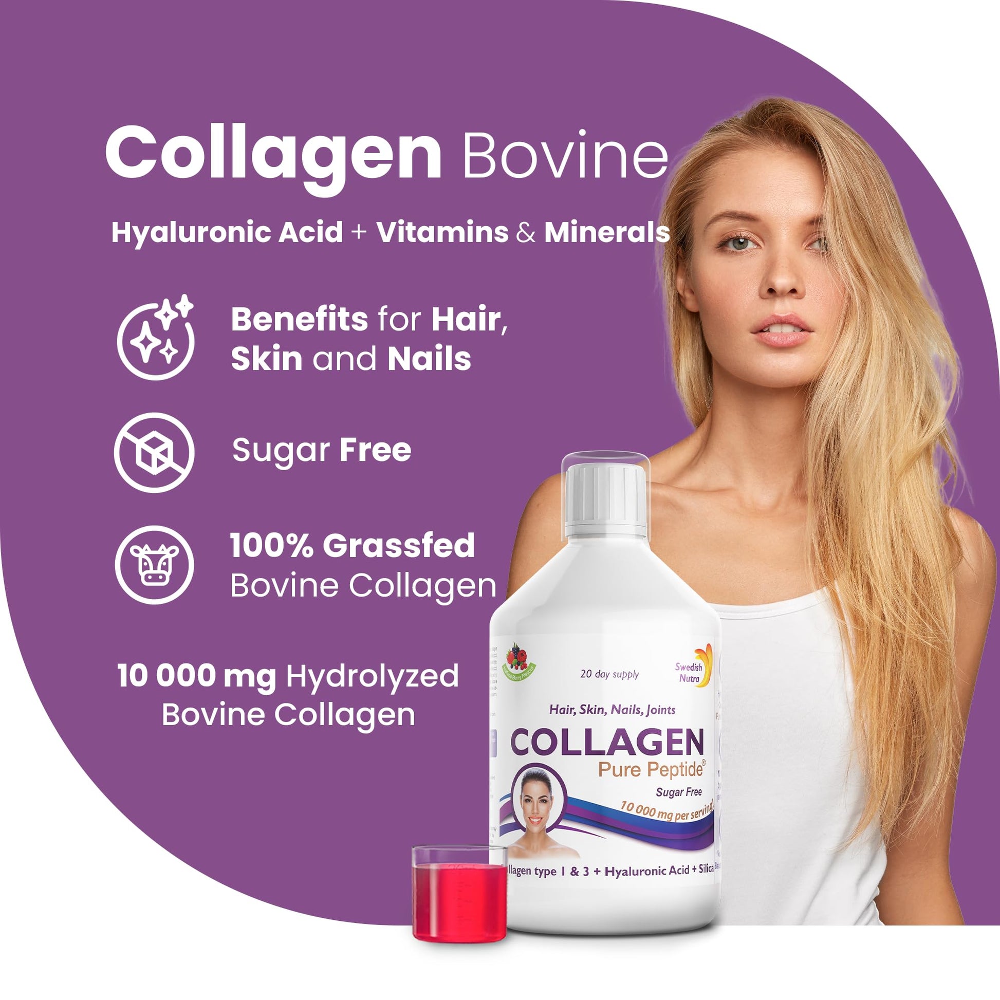 Swedish Nutra Liquid Bovine Collagen - Pack of 500ml, 20 Day Supply | Sugar Free Berry Flavour Swedish Nutra uk supplements