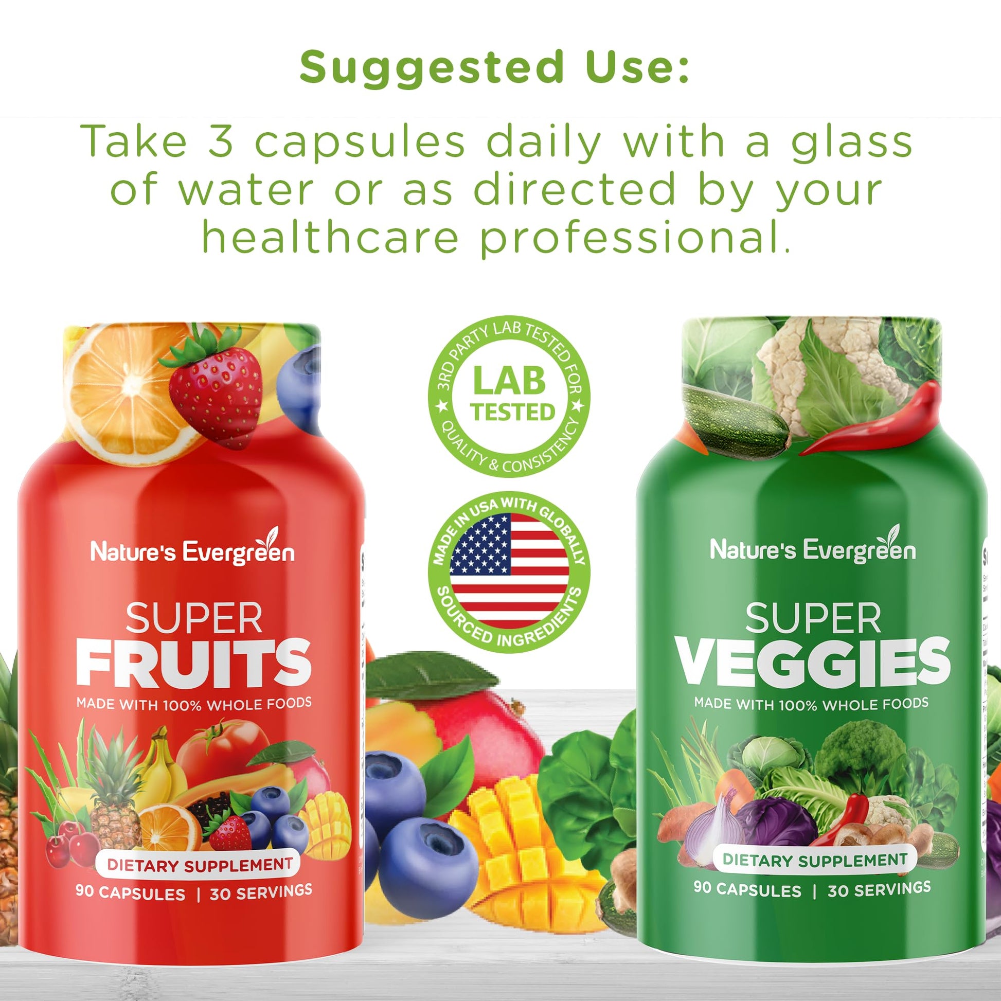 Fruits and Veggies Supplement - Nature Fruits and Vegetables Supplements - Vegan, Non GMO, Soy Free, Superfood Vitamins & Minerals Nutritional Balance - (Total 180 Capsules - Pack of 2) Made in USA Nature's Evergreen uk supplements