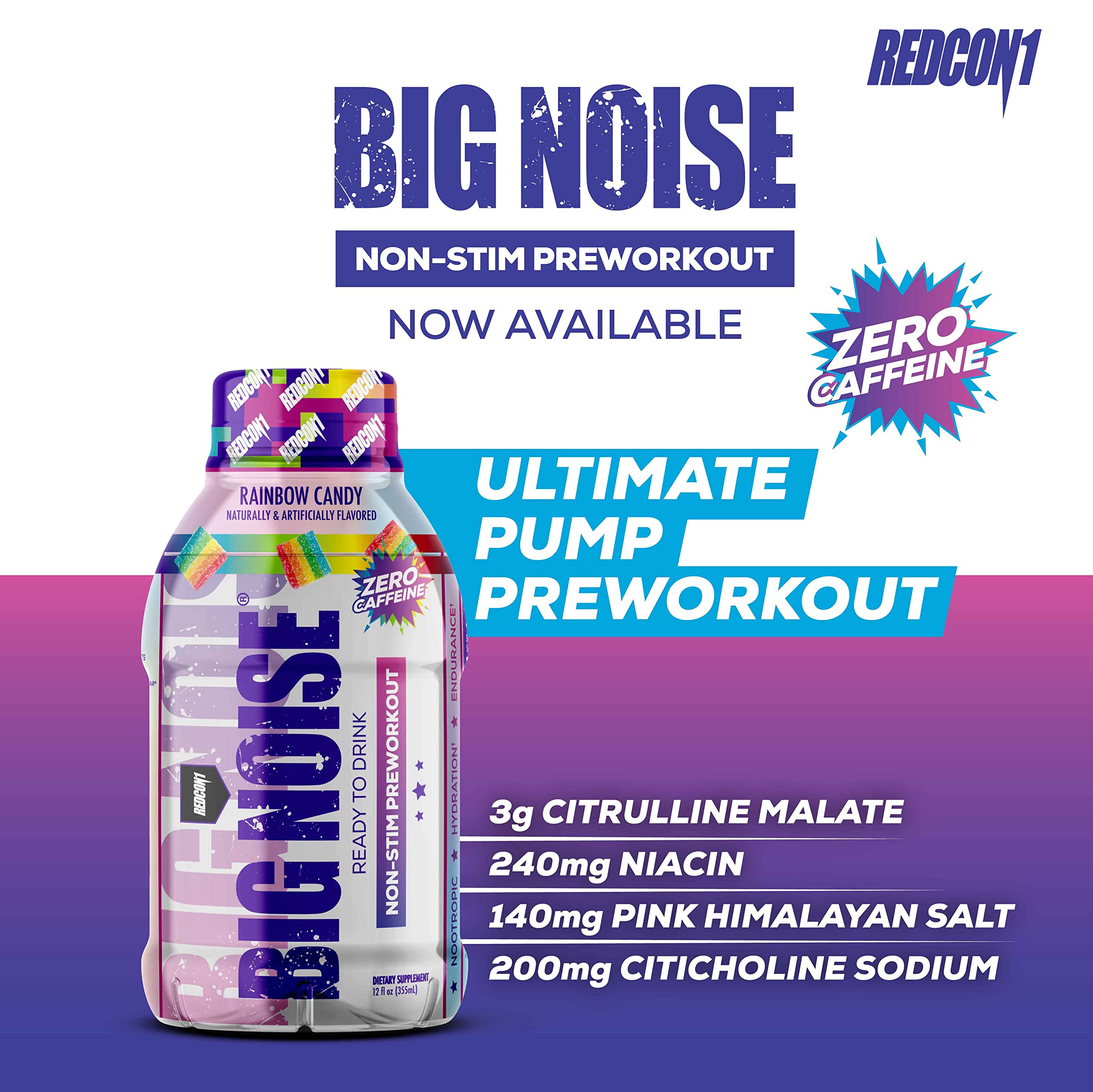REDCON1 Big Noise RTD Pre Workout Drink, Rainbow Candy - Caffeine-Free Ready-to-Drink REDCON1 uk supplements