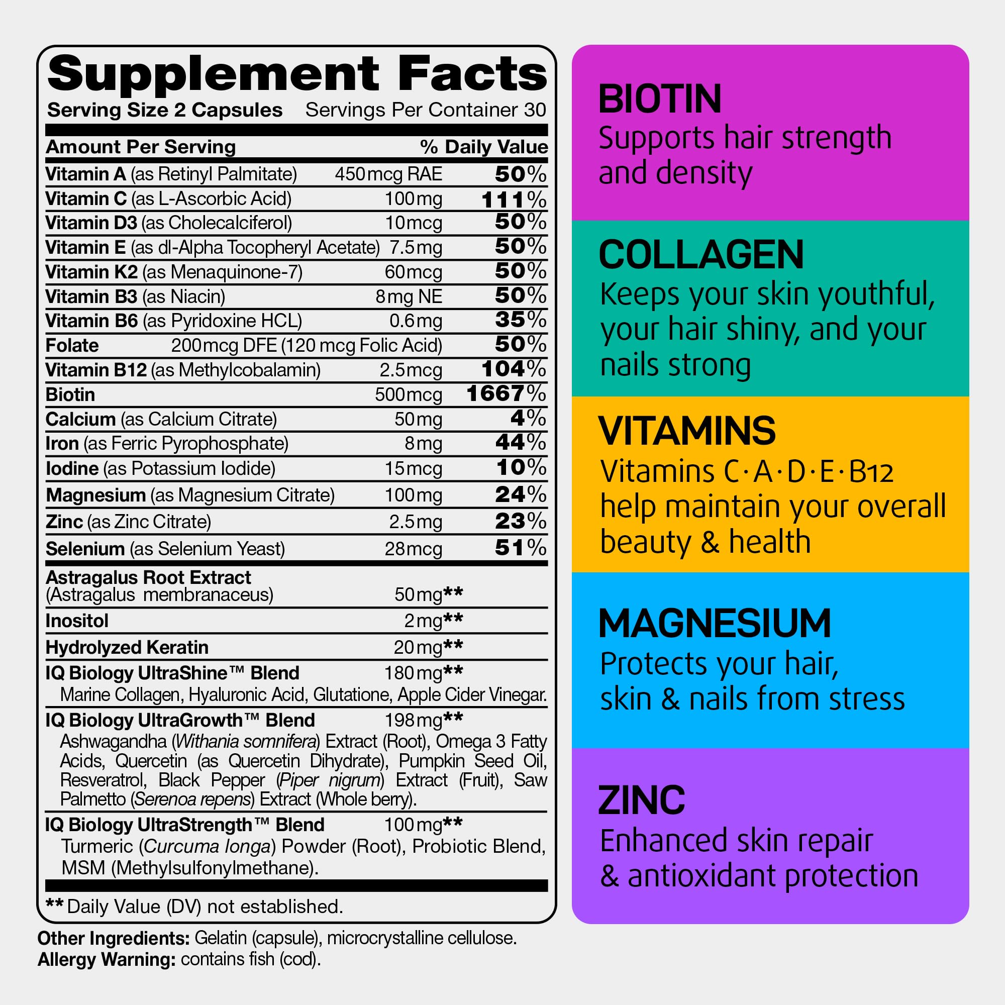 IQ BIOLOGY Biotin Collagen Keratin Astragalus Magnesium Ashwagandha Vitamin D3 Vitamin C IQ BIOLOGY uk supplements