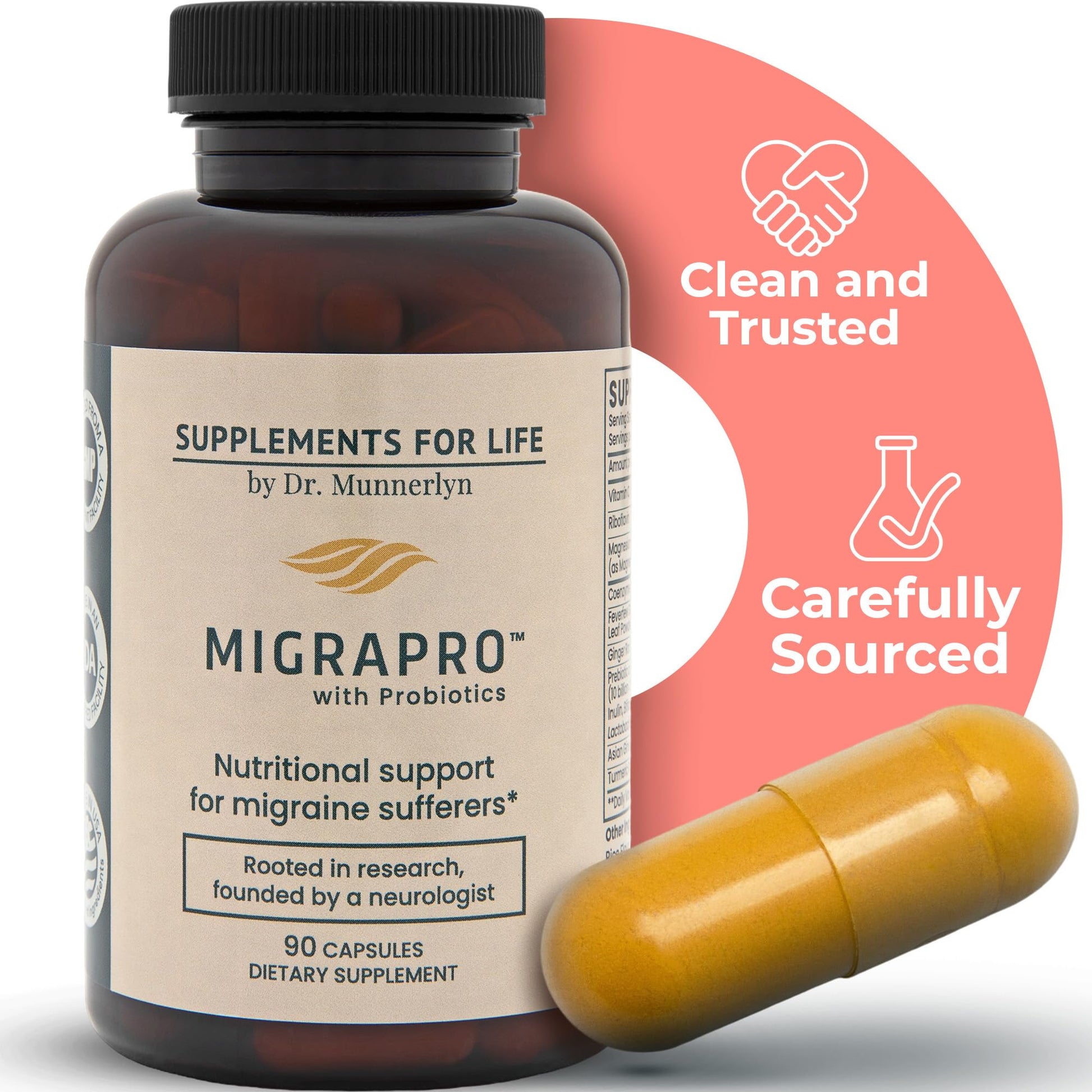 Dr. Munnerlyn MigraPro with Probiotics, Brain and Gut Health Support Supplement with Magnesium, Riboflavin, CoQ10, Ginger Root, Asian Ginseng, Vitamin C, Feverfew & Turmeric, Gluten Free, 90 Capsules Dr. Munnerlyn uk supplements