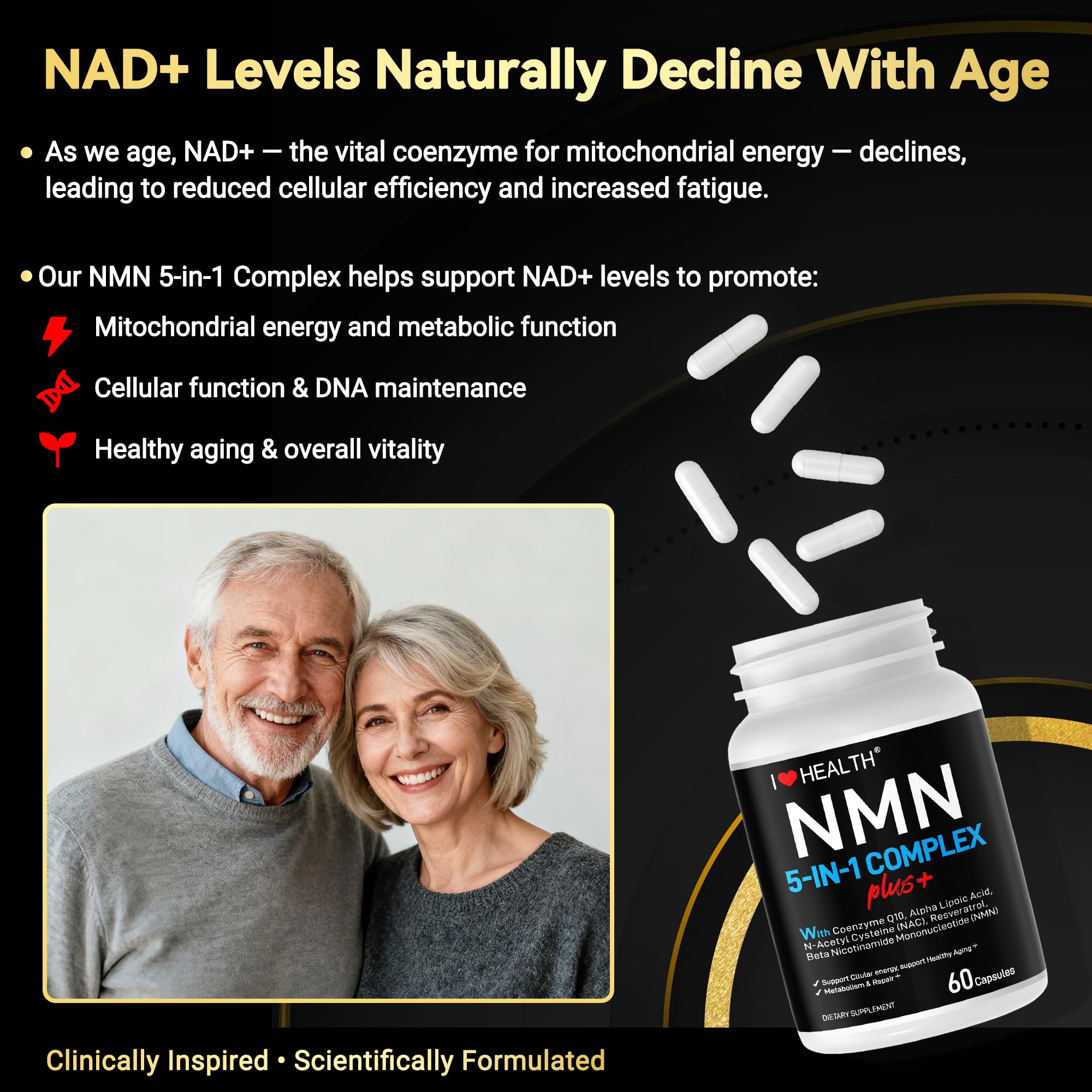 I LOVE HEALTH NMN Complex Plus+ for Women & Men with NAC, Alpha Lipoic Acid, CoQ10 & Resveratrol – 5-in-1 Cellular Energy & Healthy Aging Support – 60 Capsules, Non-GMO, Made in USA I LOVE HEALTH uk supplements