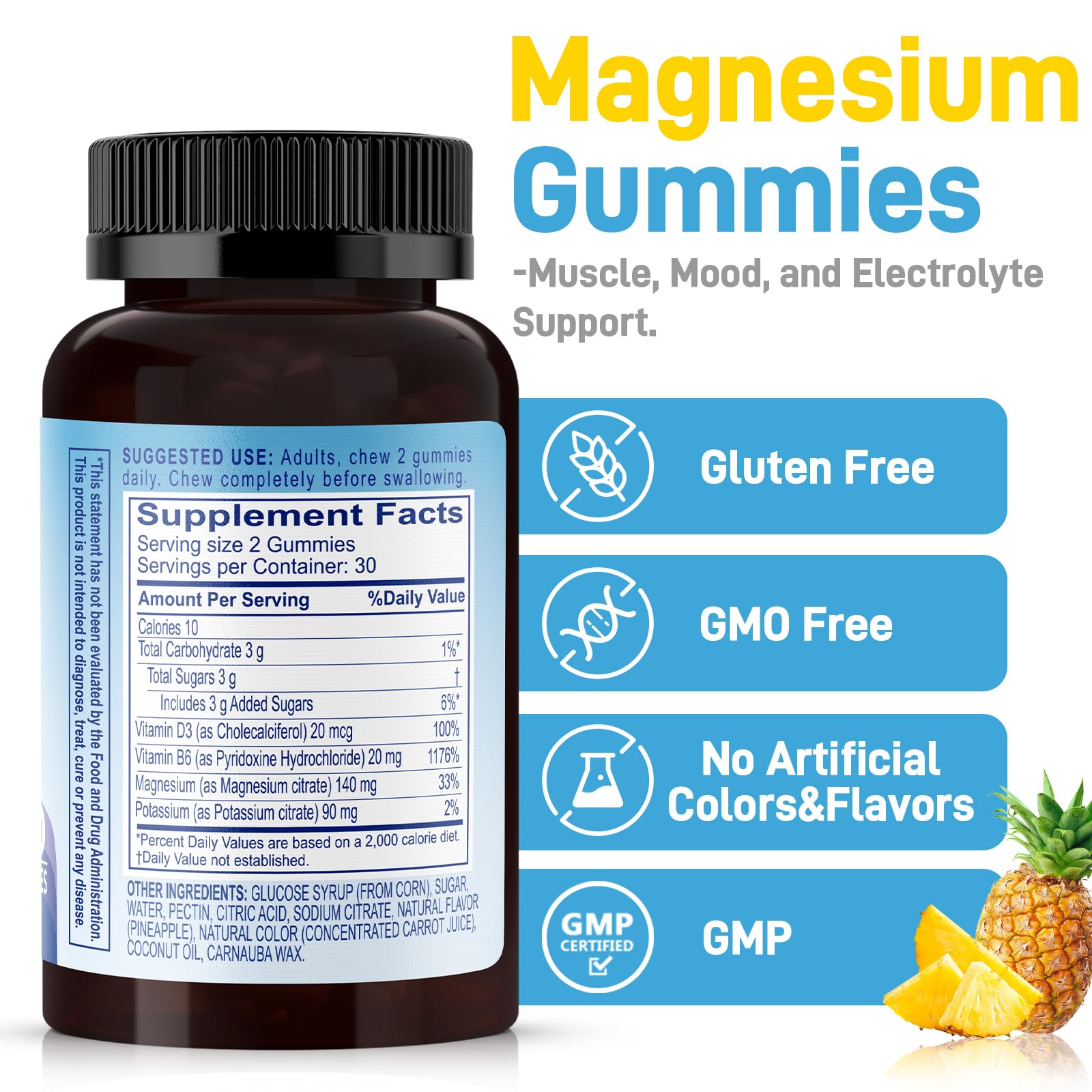 Biobor Potassium Magnesium Gummies, Magnesium Citrate & Potassium Citrate Supplements with Vitamin D3, B6 for Electrolyte Balance, Muscle, Leg Cramps, GMO Free Gluten Free (Pineapple,60 Count) Biobor uk supplements