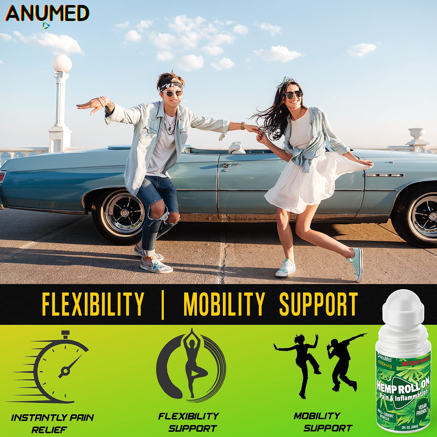 ANUMED Hemp Roll-On 4000mg Pain Relief. Fast Acting, Long Lasting, Maximum Strength with Arnica + Turmeric for Anti-Inflammatory, Natural Recovery, Joint, Muscle, Nerve Pain Reliever 2 Packs of (1oz) AnuMed International uk supplements
