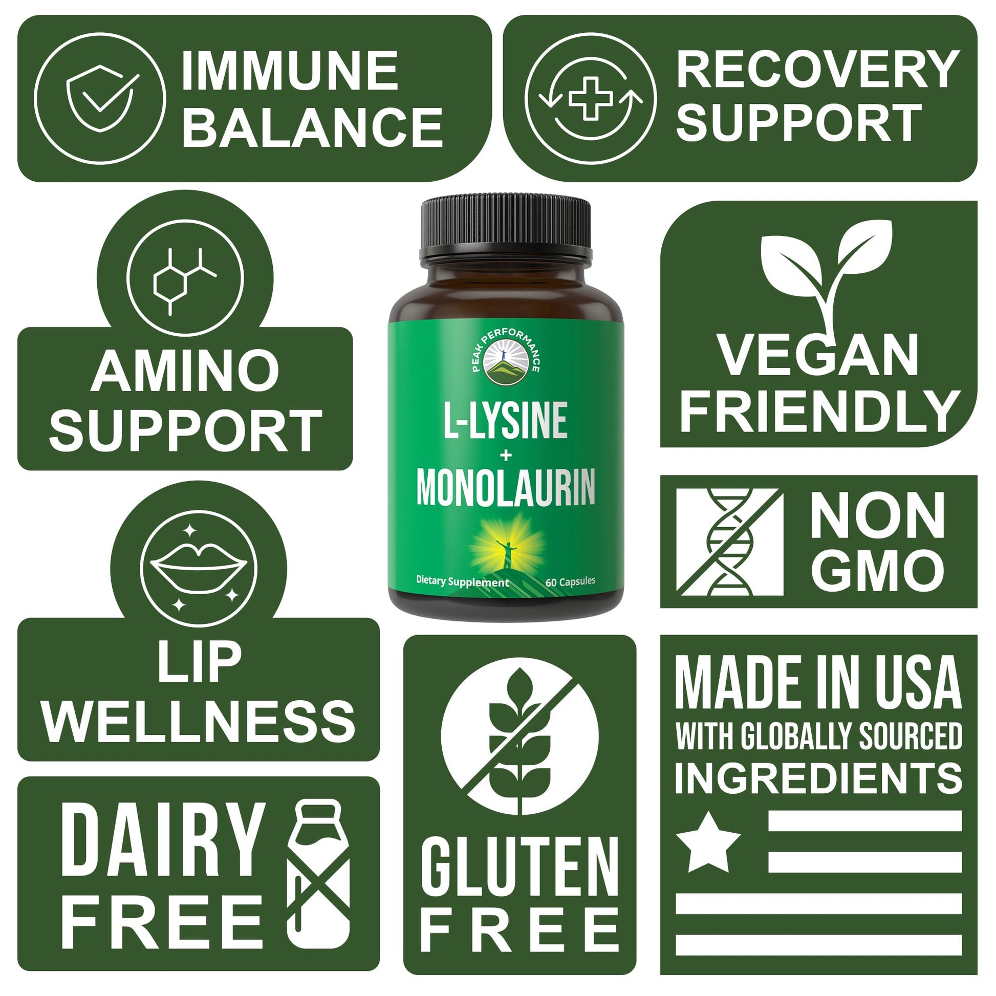 Peak Performance L Lysine 1000mg + Monolaurin 500mg Supplement for Immune Support - High Potency L-Lysine for Lips, Skin, & Health - 2-in-1 Bioavailable Supplements for Men and Women - 60 Capsules Peak Performance uk supplements