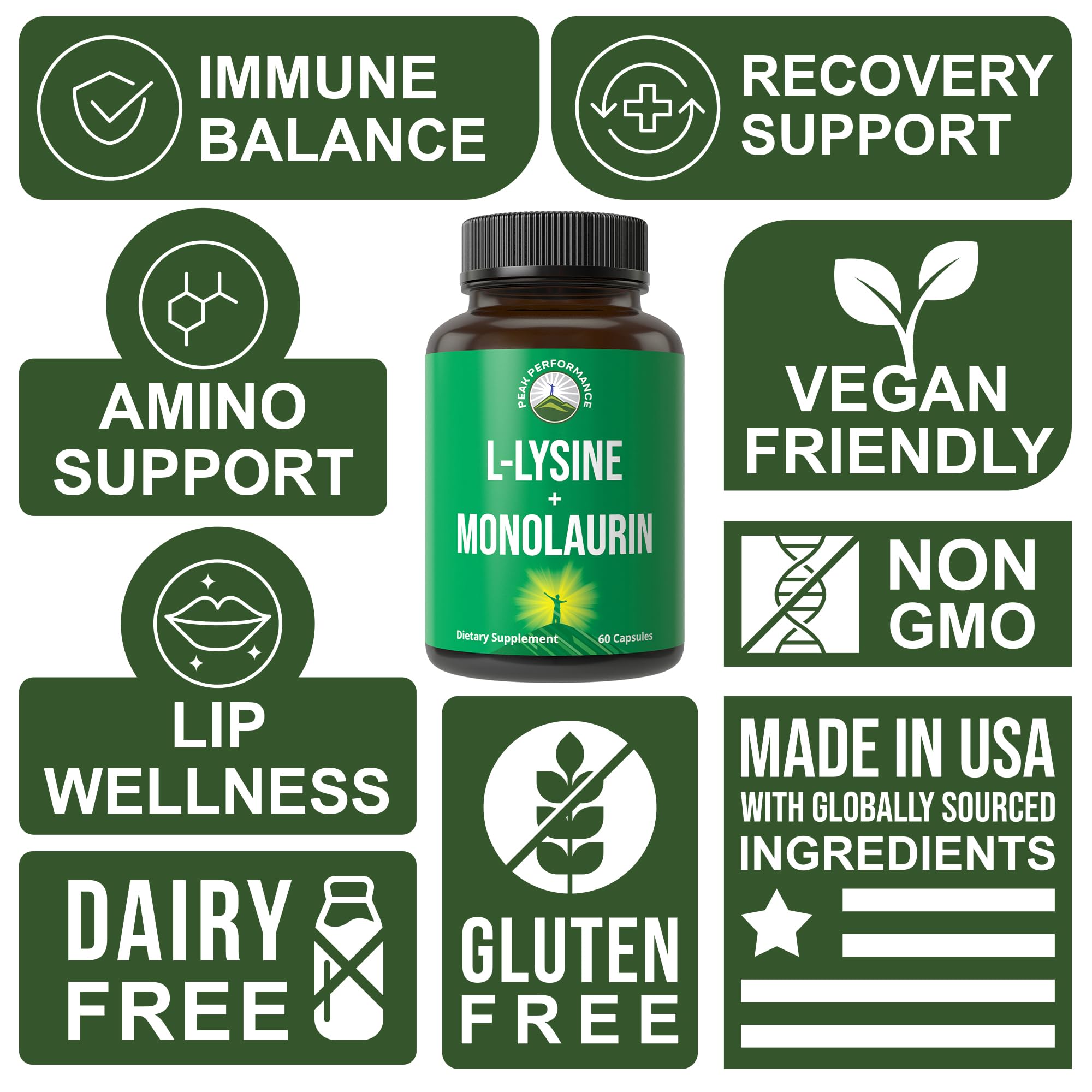 Peak Performance L Lysine 1000mg + Monolaurin 500mg Supplement for Immune Support - High Potency L-Lysine for Lips, Skin, & Health - 2-in-1 Bioavailable Supplements for Men and Women - 60 Capsules Peak Performance uk supplements