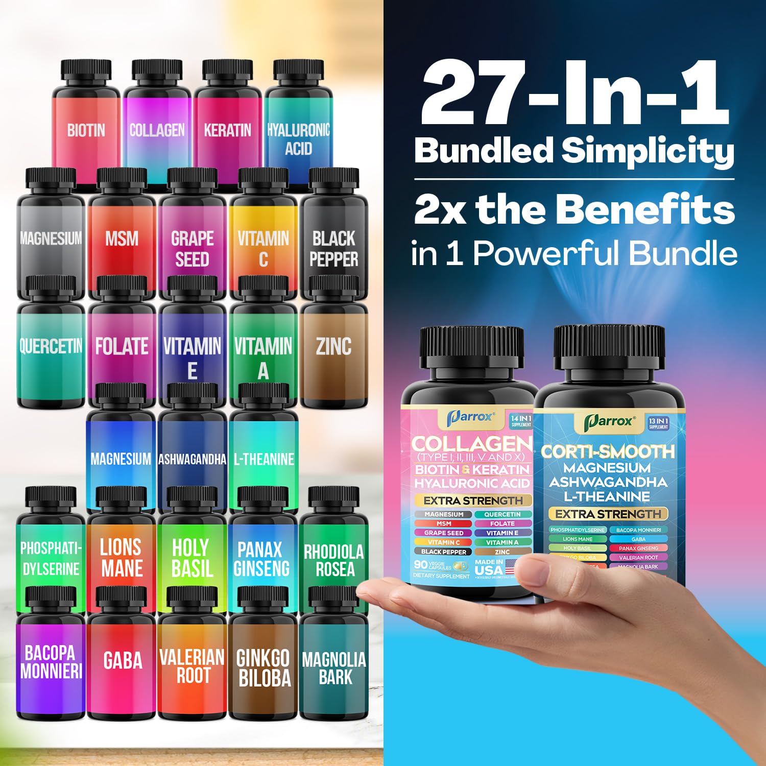 Parrox Shining Serenity Set, Cortisol Support with Ashwagandha, L-Theanine, Magnesium, Lions Mane, GABA, Bacopa Monnieri, Collagen I, II, III, V, X, Folate, Biotin, Keratin, Hyaluronic Acid, Quercetin Parrox uk supplements