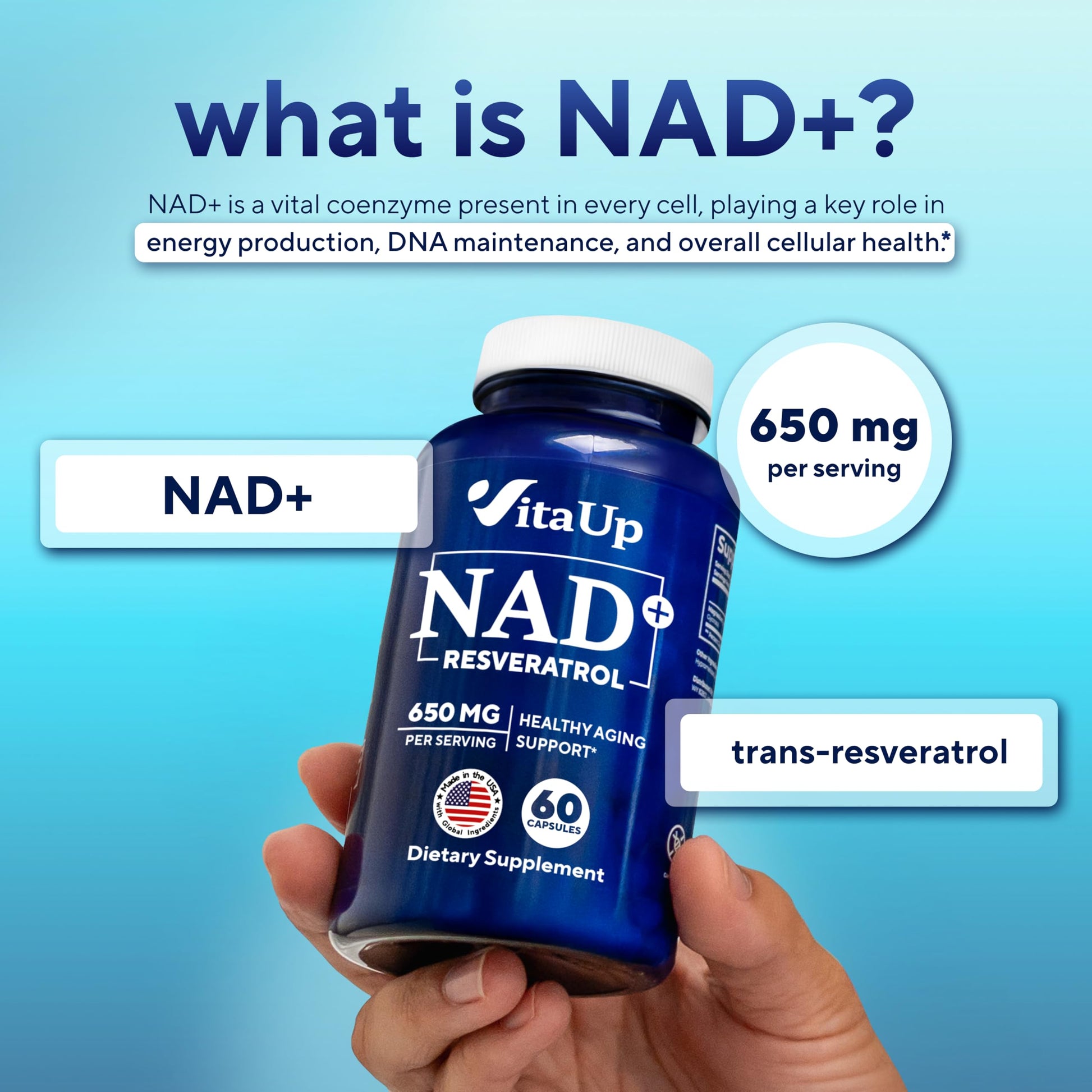 VitaUp NAD+ Resveratrol Supplement - USA Made Trans Resveratrol NAD Supplement 650mg - Nicotinamide Adenine Dinucleotide Capsules for Healthy Aging, Energy & Focus Support - 60 Count VitaUp uk supplements