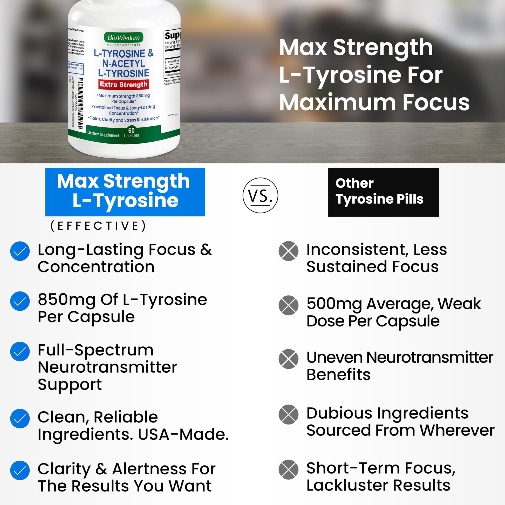 Max Strength L Tyrosine Supplement & N Acetyl L Tyrosine Peak Focus, Alertness, Concentration, Body & Mind Energy. L-Tyrosine 850mg Per 1 Capsule. A Well-Being Nutrient Boost For Performance BioWisdom Nutraceuticals uk supplements