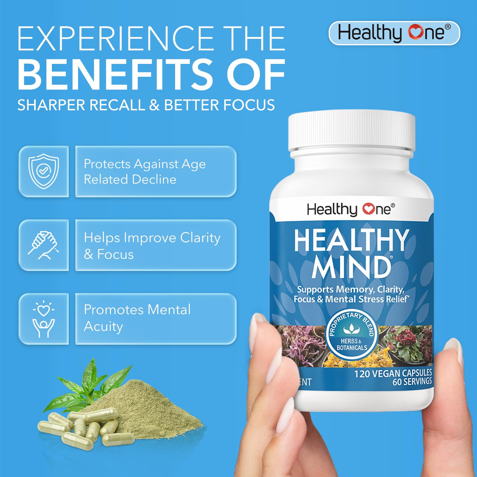 Healthy Mind - Safe for Teens - Brain Fog - Cognitive Function - Concentration - Focus - Neural Optimization - Mood - Ginkgo Biloba - Ginseng - Rhodiola - Bacopa - Gotu Kola - Green Tea - 60 Count Healthy One uk supplements