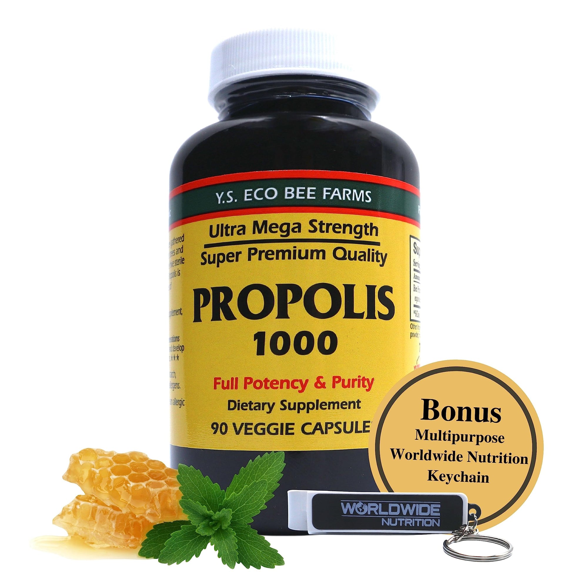 Y.S. Organic Bee Farms Propolis-Raw Unprocessed 1000mg - Your Gateway to Wellness - 90 Capsules with Bonus worldwidenutrition Multi Purpose Key Chain Worldwide Nutrition uk supplements