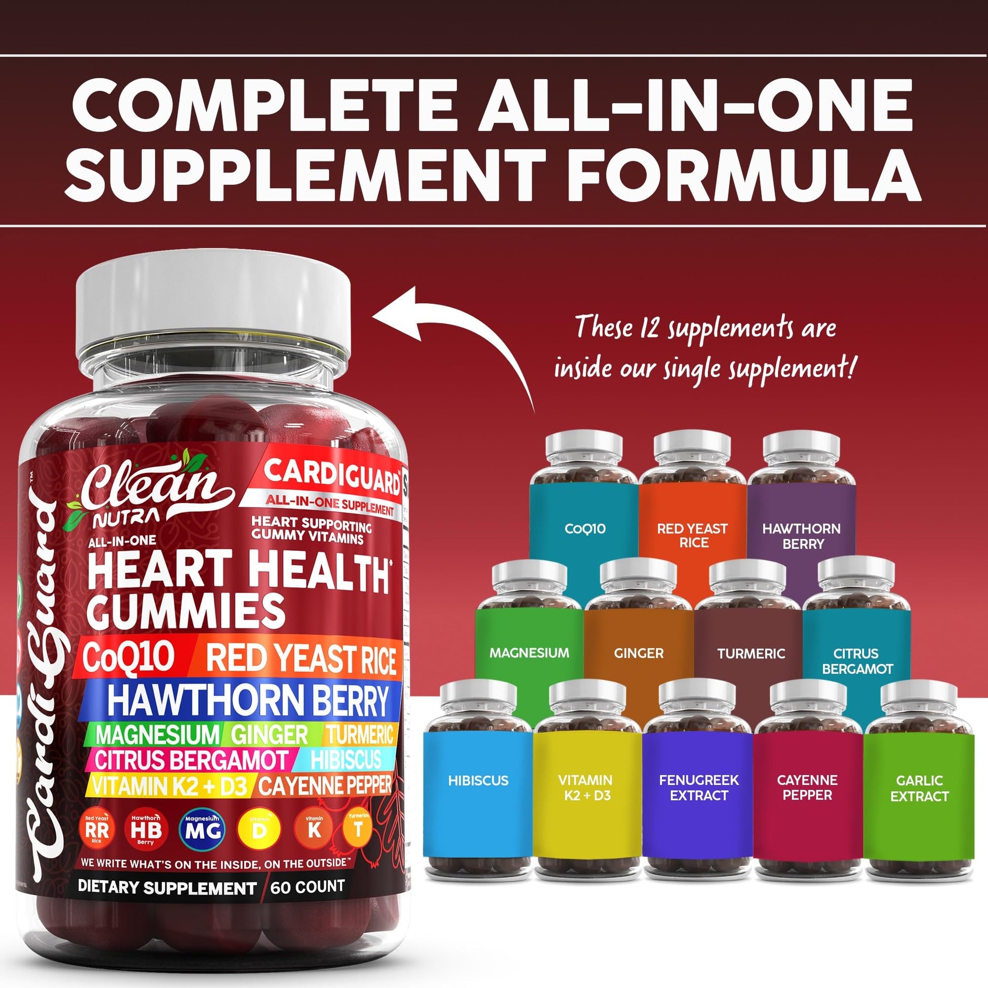Clean Nutraceuticals Coq10 Gummies | Red Yeast Rice Hawthorn Berry Ginger Turmeric Citrus Bergamot Hibiscus Vitamin K2+D3 Magnesium Glycinate Cayenne Pepper Fenugreek Orange Flavor CardiGuard Clean Nutraceuticals uk supplements