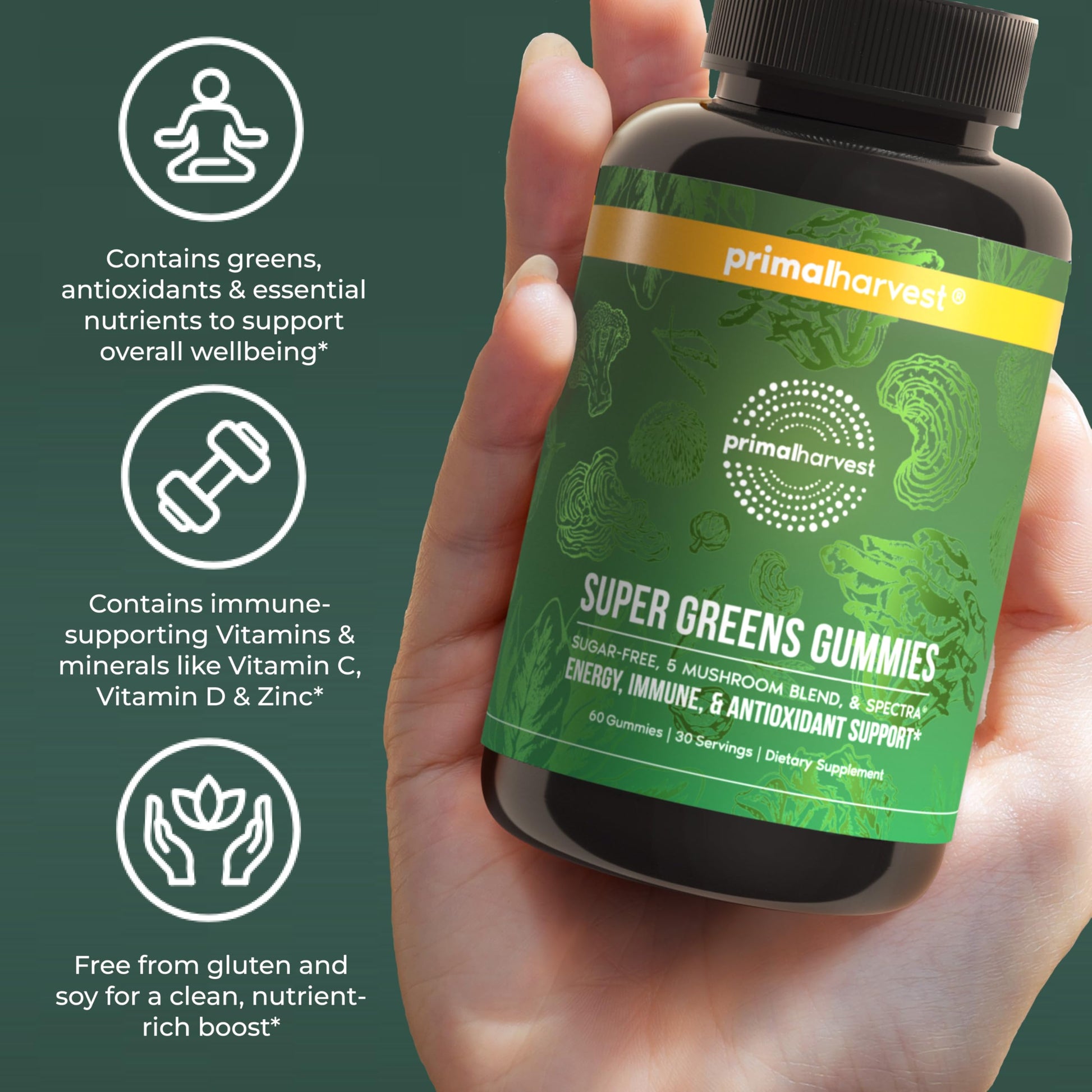 Primal Harvest Super Greens Gummies, Superfood Blend with Adaptogenic Mushrooms Vitamins & Nutrient-Rich Minerals & Antioxidants for Energy & Immune Support 1 Pack 60 Count, Primal Harvest uk supplements