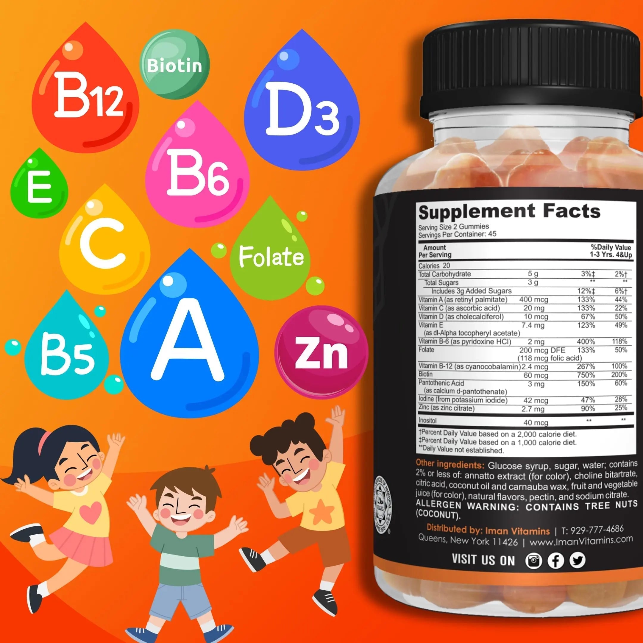 Iman Vitamins Halal Kids Multivitamin Gummies | Vitamin C, D, Zinc, A, E, B6, B12, Biotin, Folate, Inositol | Strengthen Metabolism, Bones & Immunity | Iman Vitamins uk supplements