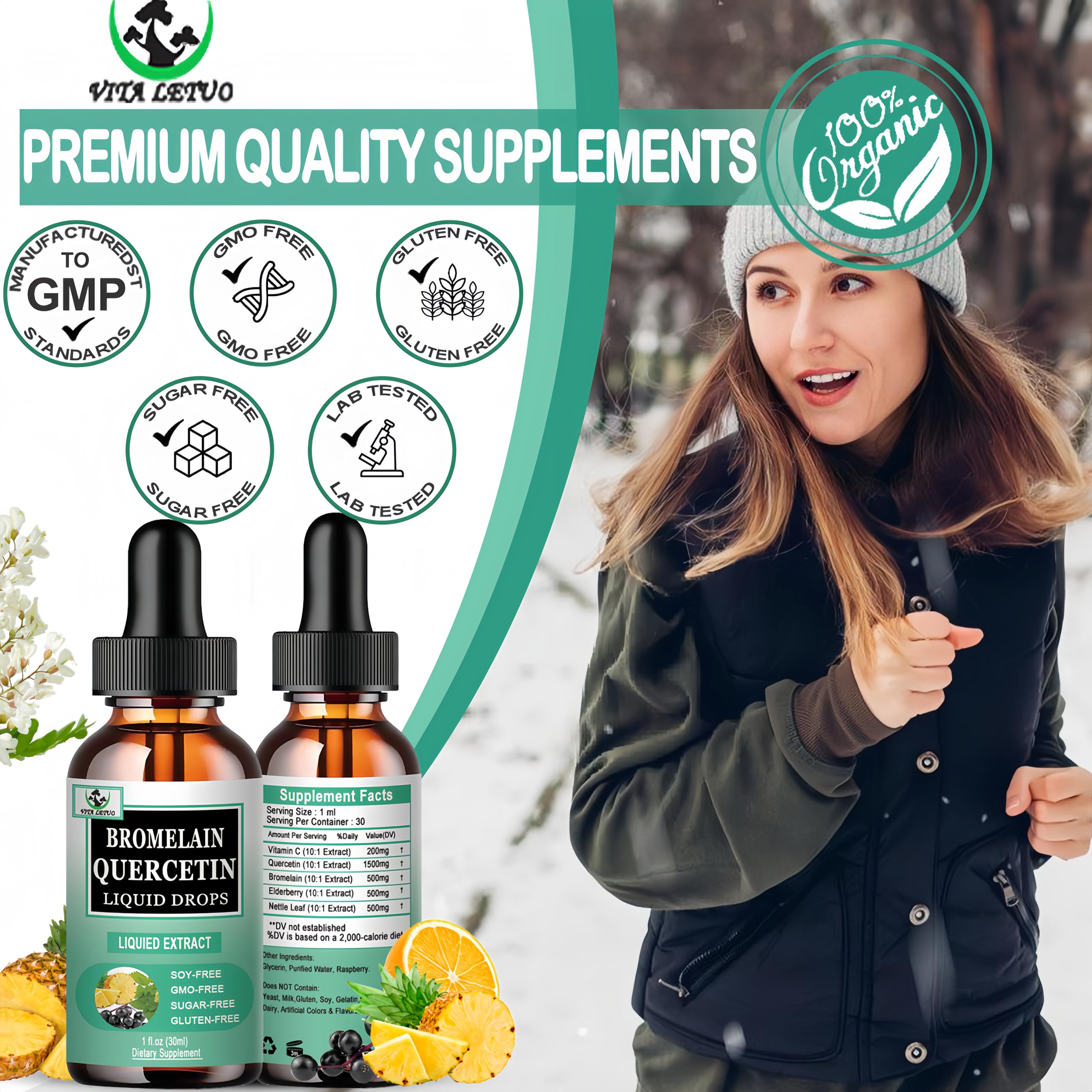 Quercetin Liquid Drops, Quercetin with Bromelain Elderberry Nettle Leaf Vitamin C Liquid Supplements, High Absorption Quercetin Liquid Drops for Women Men, Healthy Immune Antioxidant Support, Non-GMO Vita letuo uk supplements