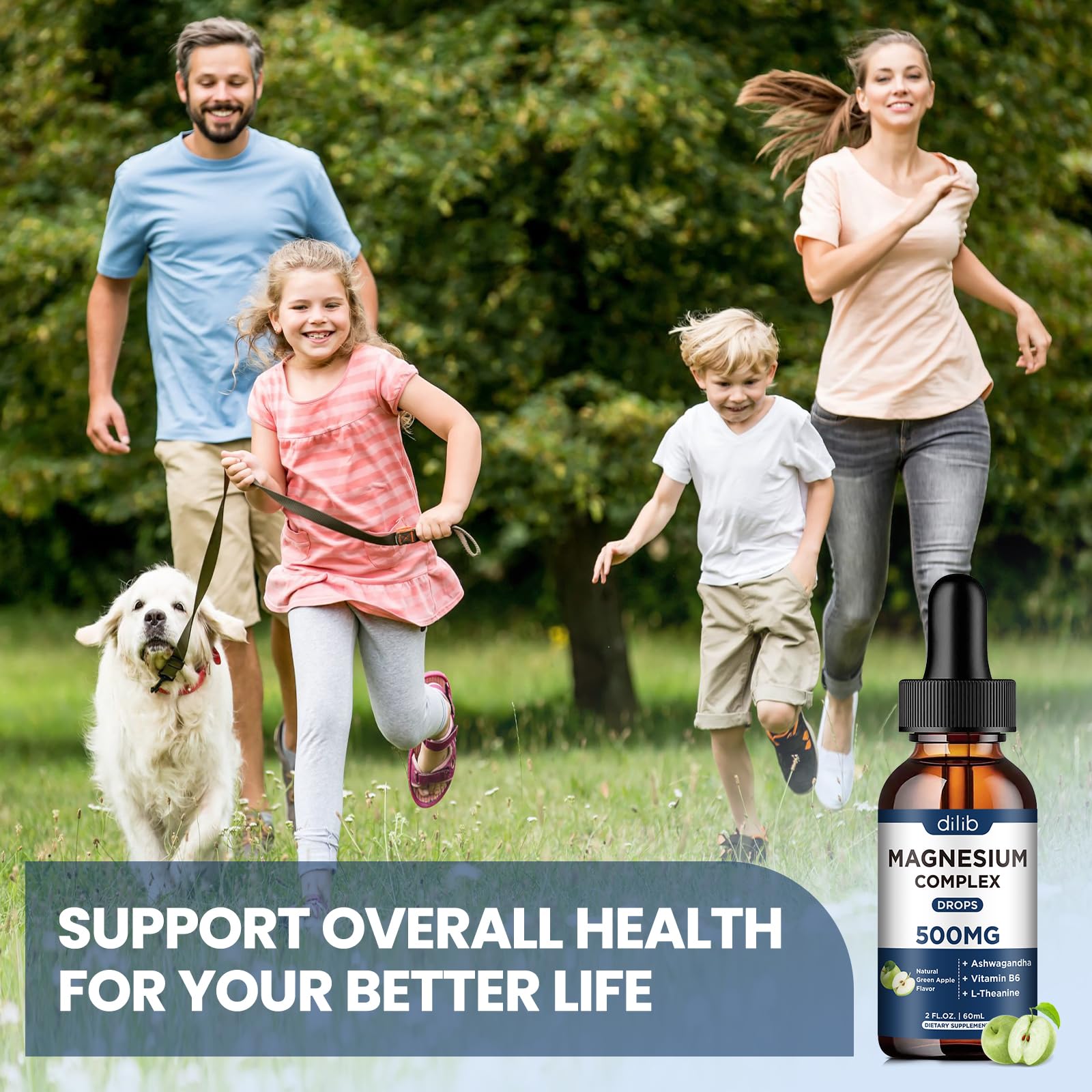 Triple Magnesium Complex Supplement-Magnesium Glycinate, Citrate, Malate Liquid Drops 500mg with Ashwagandha, L-Theanine, B6 for Calm, Stress Relief, Sleep, Muscle Support-Green Apple Flavor dilib uk supplements