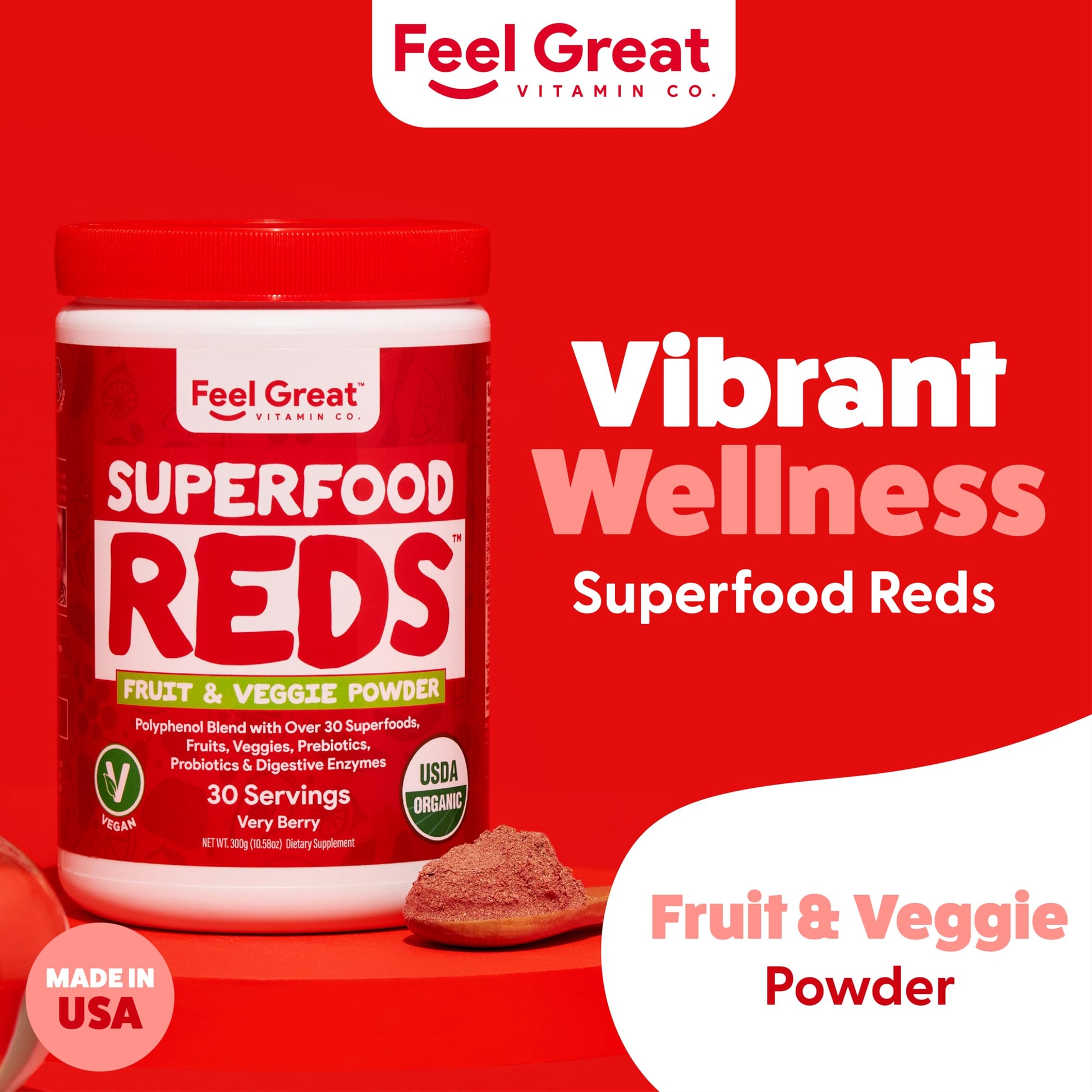 Feel Great Organic Superfood Reds Powder Packed with Beet Root Powder | Digestive Support Including Bloating Relief | Fruit and Veggie Polyphenols Supplement. The Feel Great Vitamin Company uk supplements