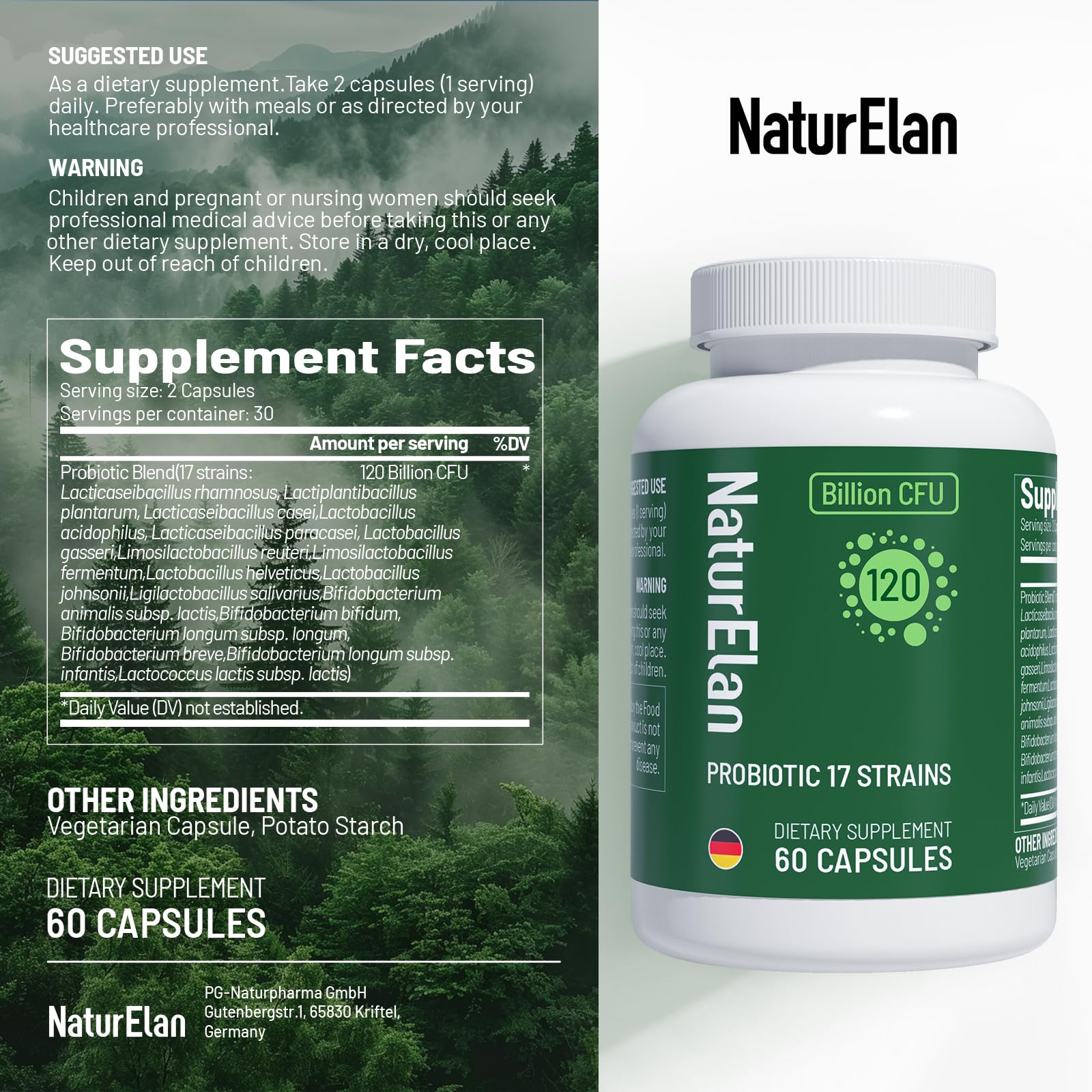 Probiotics for Women & Men - 120 Billion CFU, 17 Powerful Strains for Gut Health, Immunity & Fast Bloating Relief, Third - Party Tested, Non-GMO & Vegan Probiotics Formula for Digestive Health, 60 CT NaturElan uk supplements