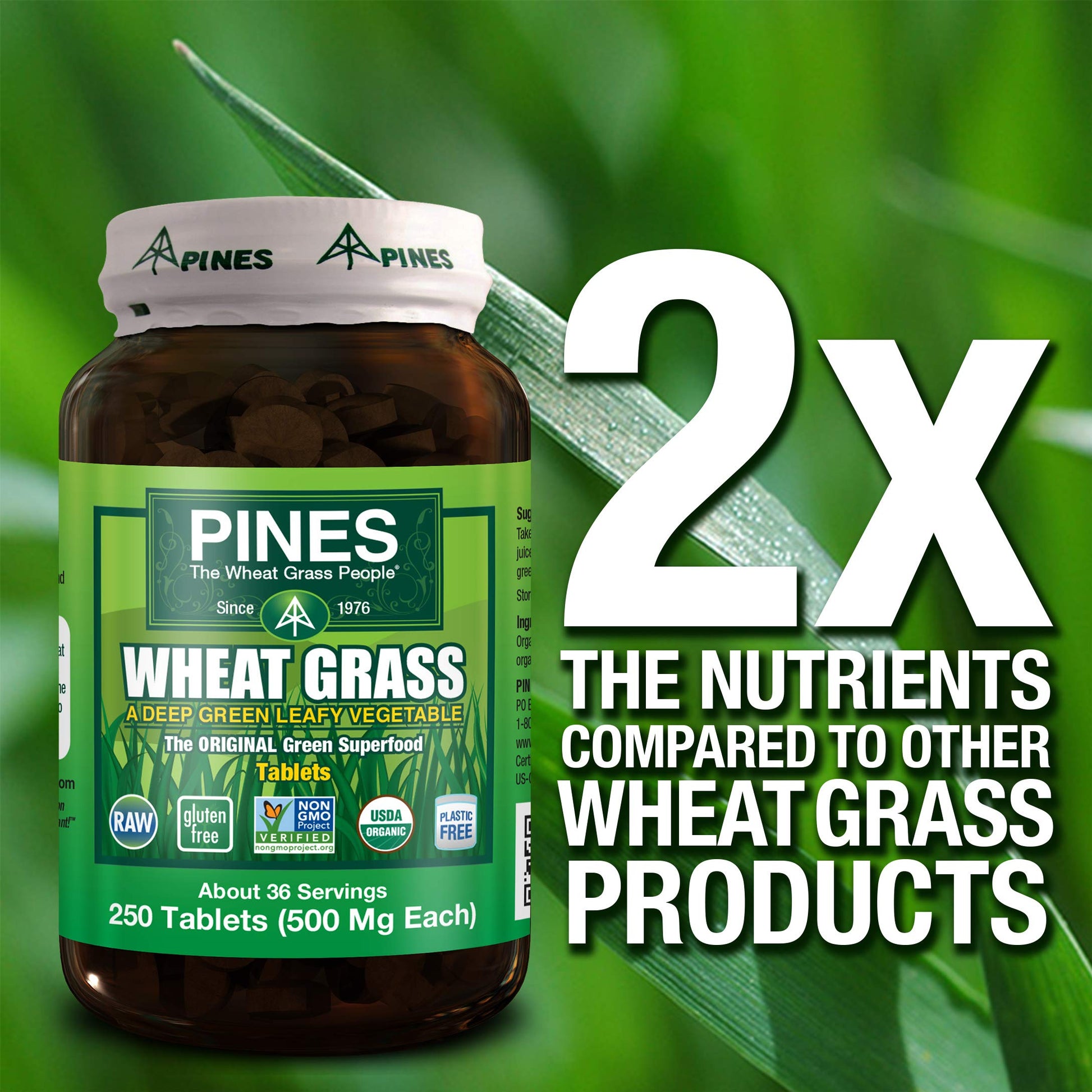 PINES Organic Wheat Grass, 250 Count Tablets | PINES Wheat Grass as featured in the new blockbuster film, Ocean's 8! Pines uk supplements