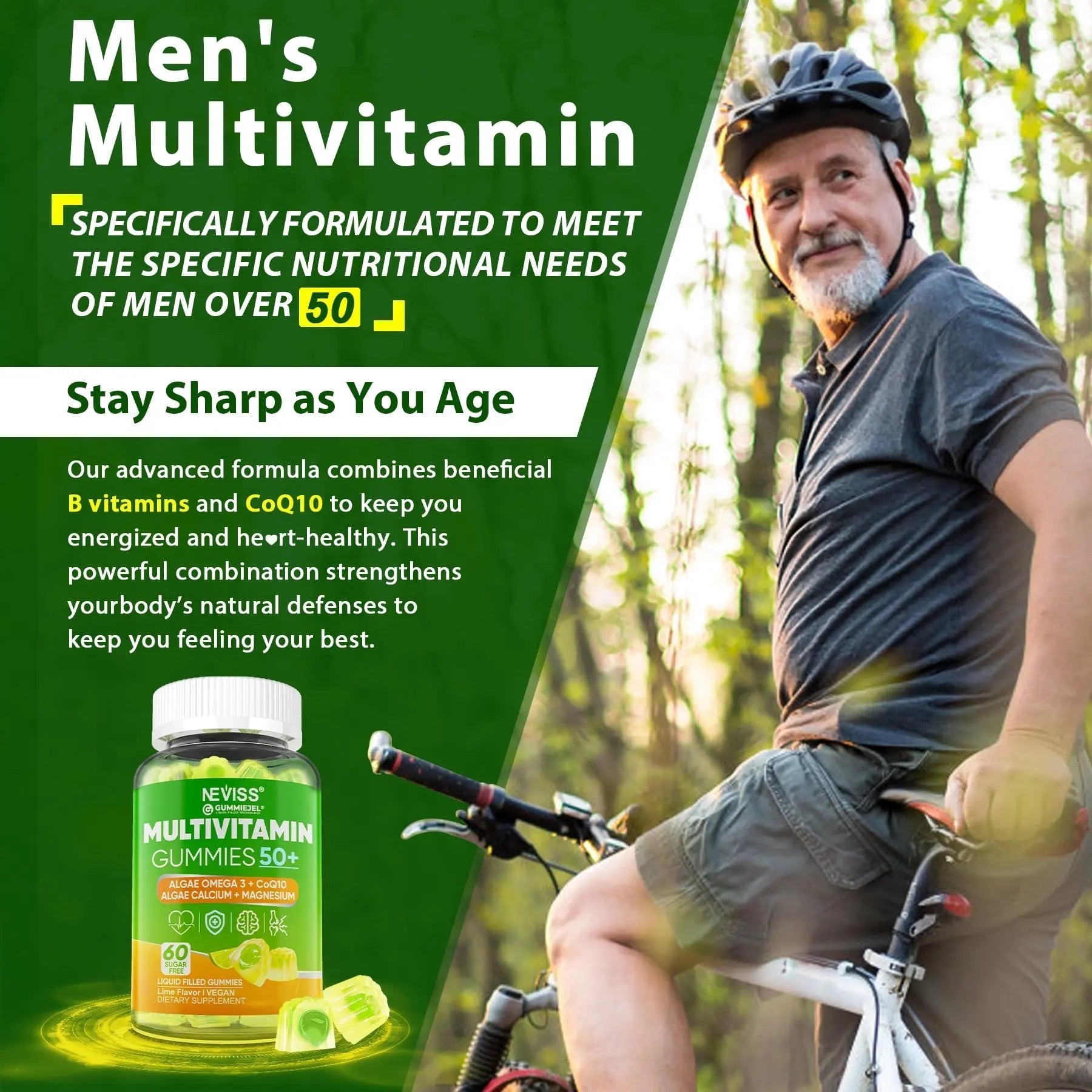 Multivitamin for Men 50 + Plus, Sugar Free Men Multivitamins Gummies w/Omega-3, Coq10, D3k2, Calcium, Magnesium NEVISS uk supplements