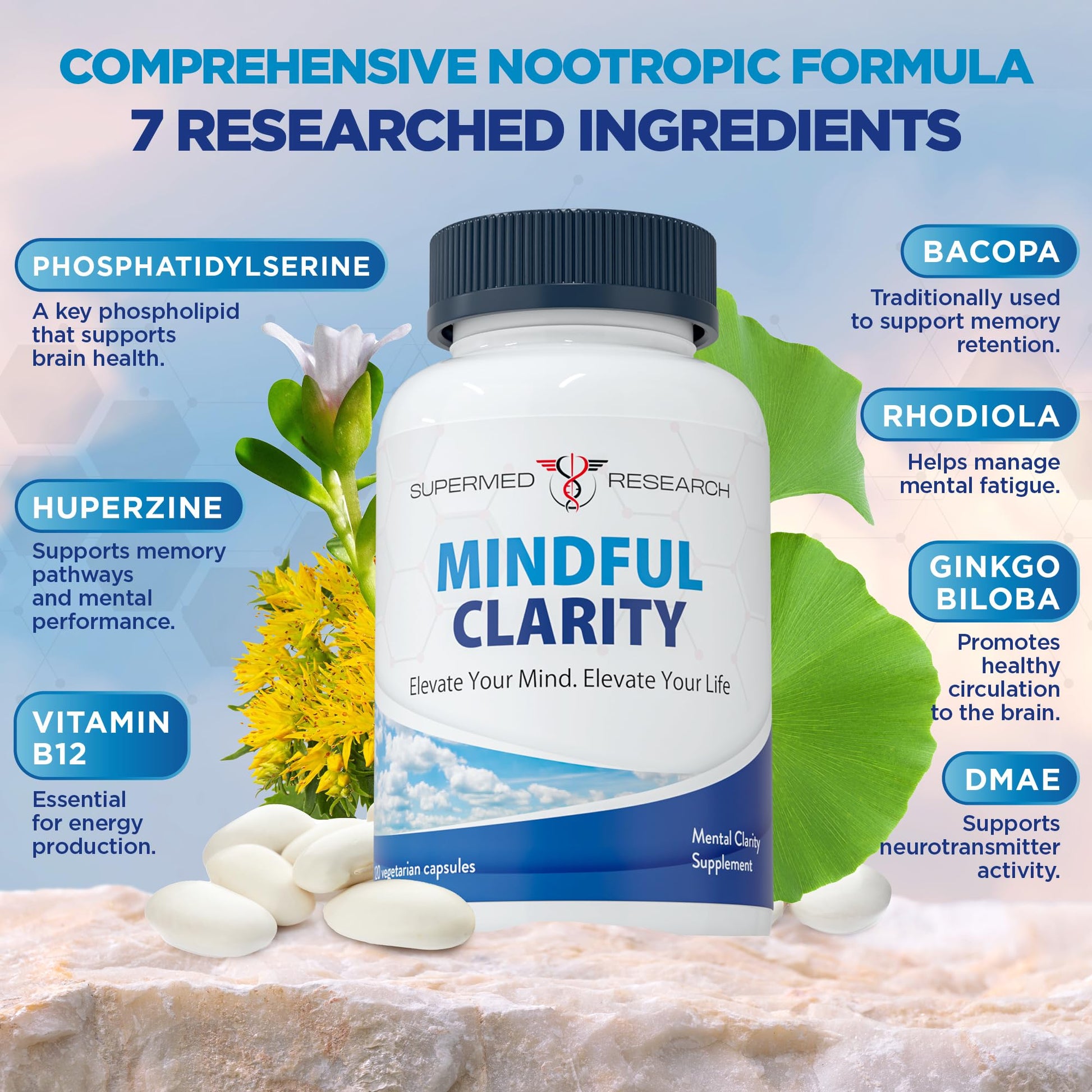 Supermed Research Mental Clarity & Focus Supplement with Bacopa, Rhodiola, Ginkgo Biloba, Huperzine, Vitamin B12, DMAE – Vegan Nootropic Brain Supplement for Memory and Brain Health (120 Capsules) Supermed Research uk supplements