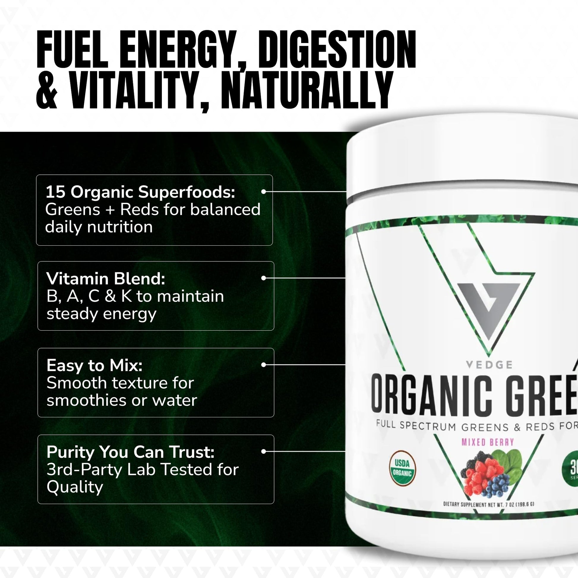 VEDGE Nutrition Organic Greens - Vegan Plant-Based Greens Superfood Powder - Drink Mix for Energy, Antioxidants & Recovery - Full Spectrum Greens for Athletes - 30 Servings - Mixed Berry Flavor VEDGE uk supplements