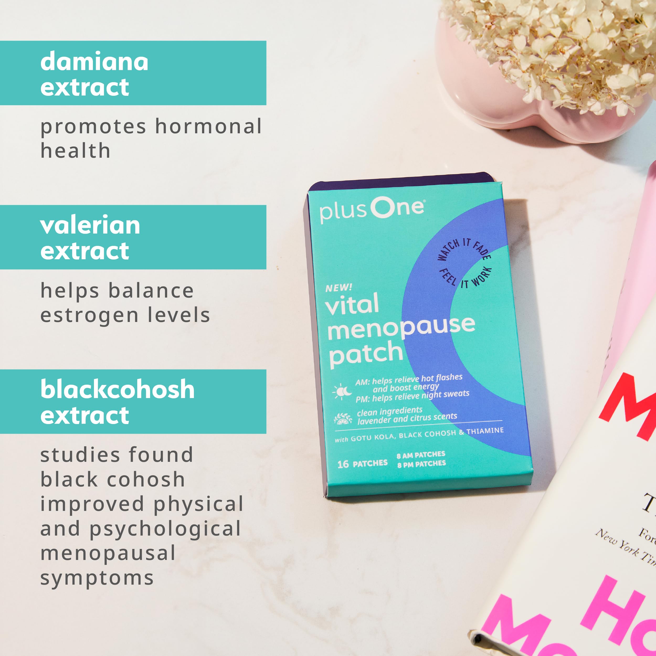 plusOne Vital Menopause Patches AM & PM – Hot Flash & Night Sweat Support – Promotes Energy & Sleep – Herbal Arjuna Daily Patches – 16ct plusOne uk supplements