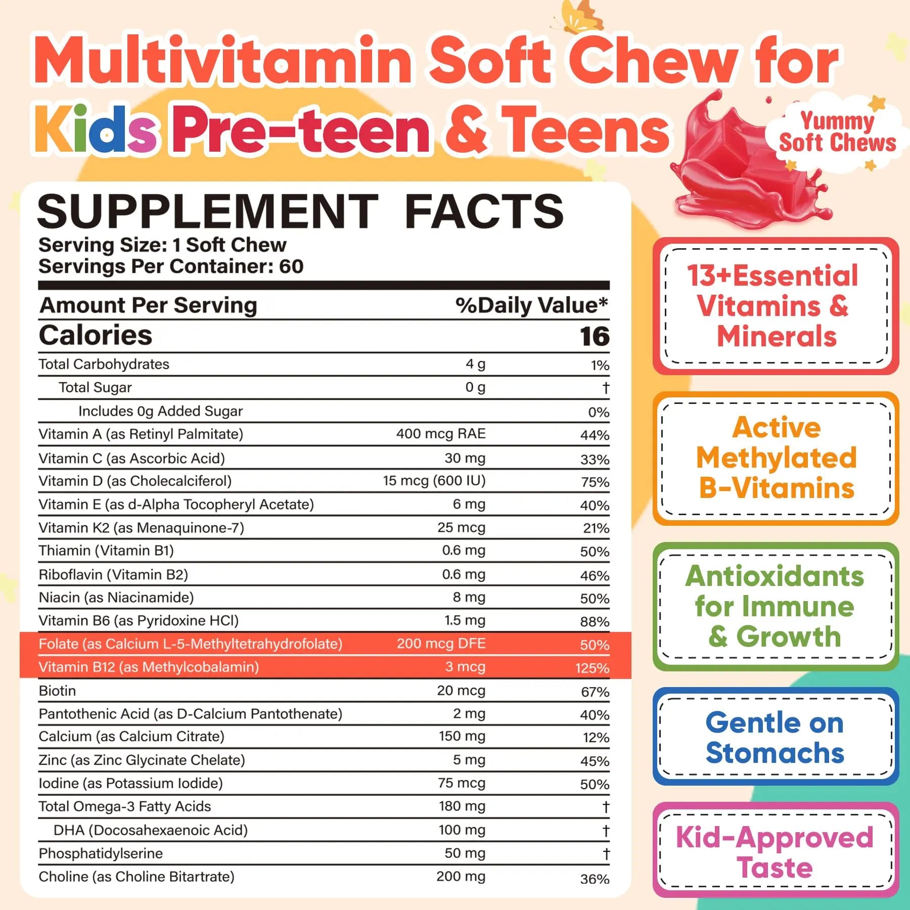 Methylated Multivitamin for Kids Pre-Teen Teens Gummies, Vitamin w/ Omega-3(DHA), Choline, Calcium, D3 K2, Methylfolate & B12 NEVISS uk supplements