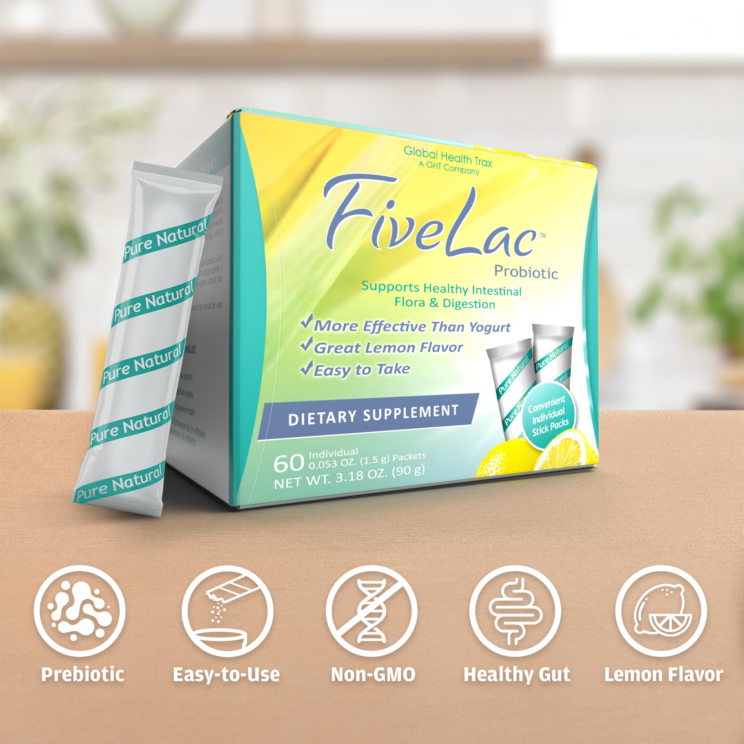 Global Health Trax GHT - FiveLac Lemon Probiotic Powder Drink Mix, Probiotics for Women, Men, Kids - Smooth Digestive Support & Elimination – Relieve Constipation & Gas - 60 Packets, 3.18 Oz, Non-GMO ght Global Health Trax uk supplements
