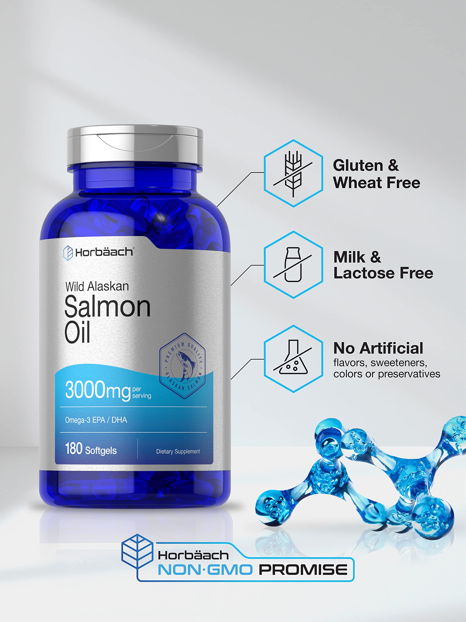 Wild Alaskan Salmon Fish Oil | 180 Softgel Capsules | Gluten Free, Non-GMO | High Potency Horbäach uk supplements