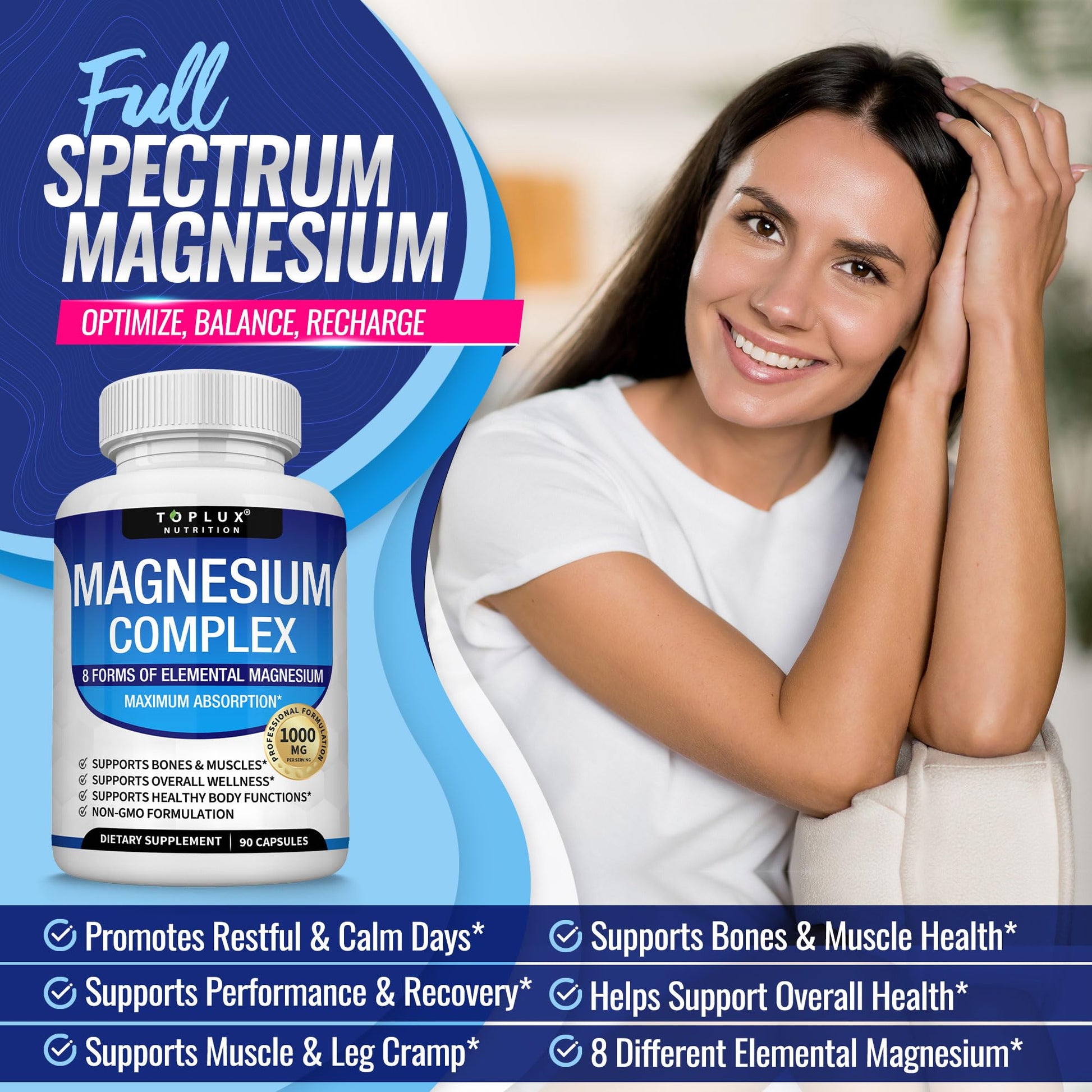 Magnesium Complex Supplement 8 Elemental 1000mg - Magnesium Glycinate, Citrate, Malate, Taurate, Chelated for Easy Absorption for Bones, Muscle, Recovery, Energy, Vegan Non-GMO 90 Capsules Toplux uk supplements