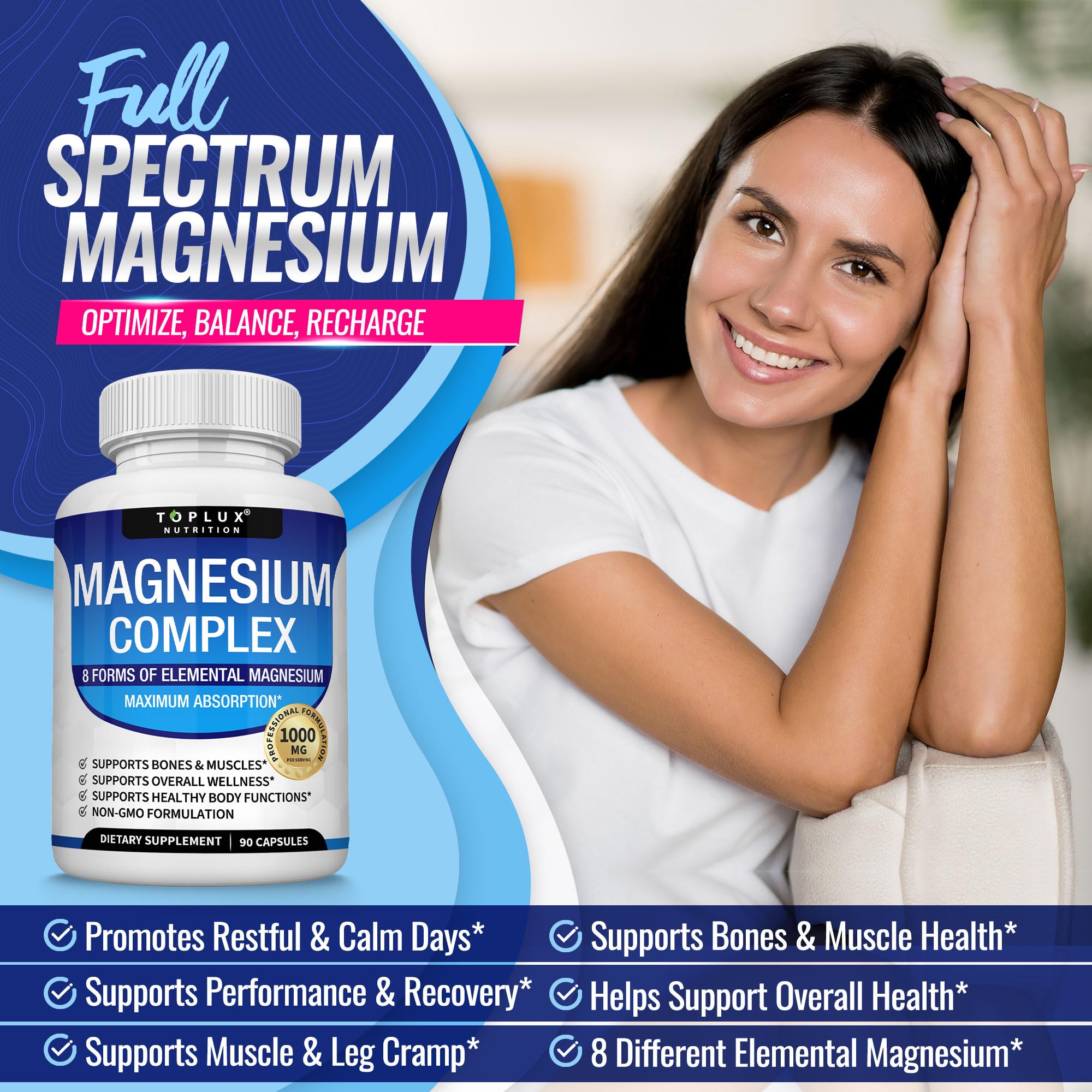 Magnesium Complex Supplement 8 Elemental 1000mg - Magnesium Glycinate, Citrate, Malate, Taurate, Chelated for Easy Absorption for Bones, Muscle, Recovery, Energy, Vegan Non-GMO 90 Capsules Toplux uk supplements