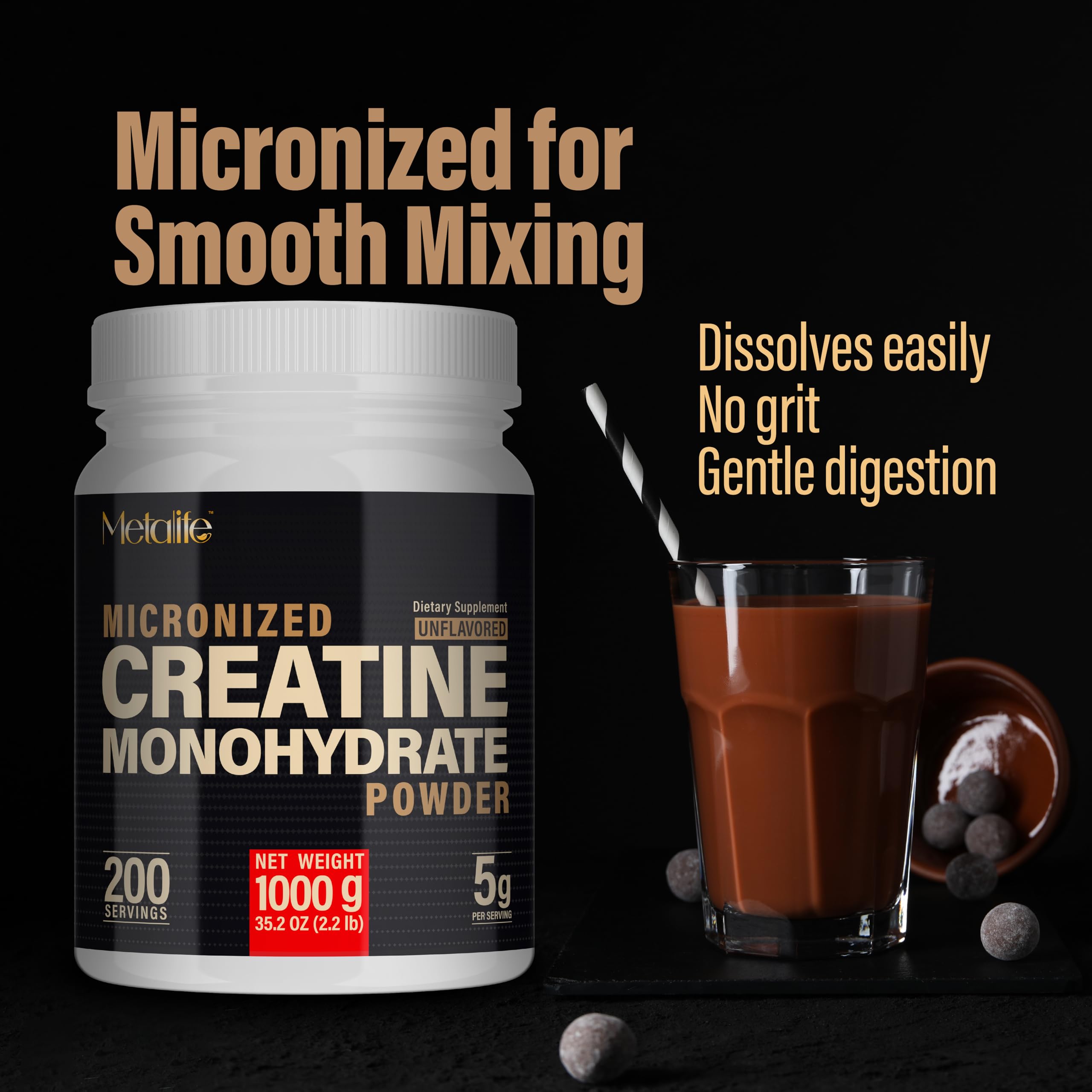 METALIFE 100% Pure Creatine Monohydrate Powder, Canada-Made, 1000 g (200 Servings) Micronized Powder, Muscle Growth, Unflavored, Ideal for Athletes & Fitness Enthusiasts, Third party lab tested, Vegan METALIFE uk supplements