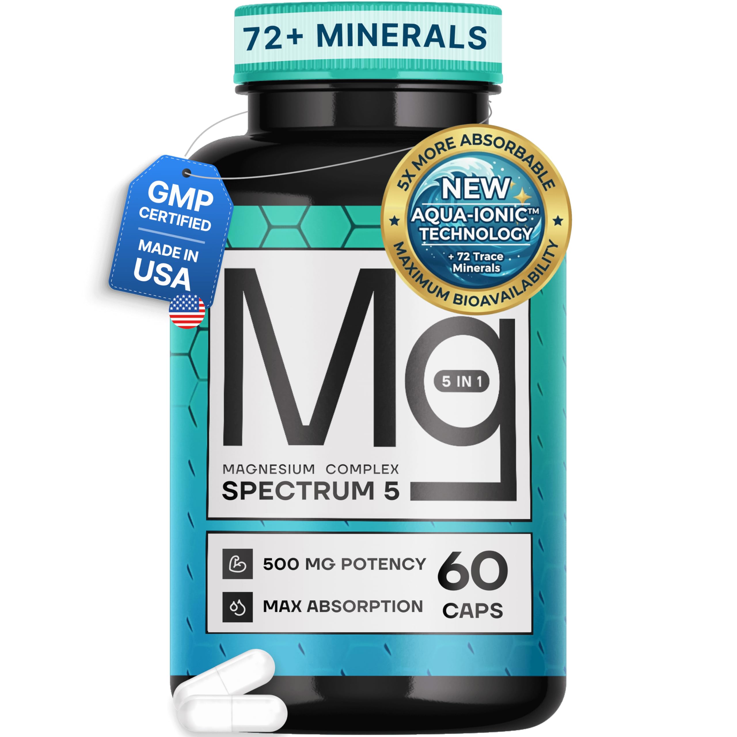 Spectrum 5 Magnesium Complex for Women & Men | Patented Aqua-Ionic® 5X Absorption Technology | 500mg Glycinate, Citrate, Malate + 72 Trace Minerals | Deep Sleep, Leg Cramp Relief & Calm | Non-Laxative SonoHealth uk supplements