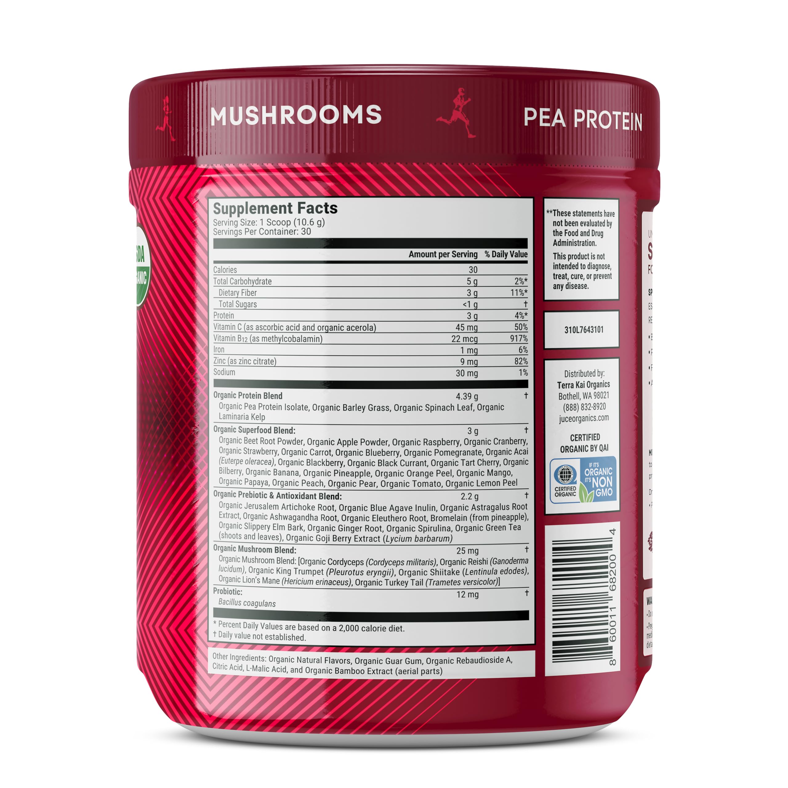 Terra Kai Organics Juce SR7 Sport Reds Organic Fruit & Veggies w/Pea Protein | 43 Superfoods, Antioxidants, Mushrooms, Beets, Herbal Adaptogens, Probiotic, Fiber, Garden Berry Flavor (30 Servings) Terra Kai Organics uk supplements