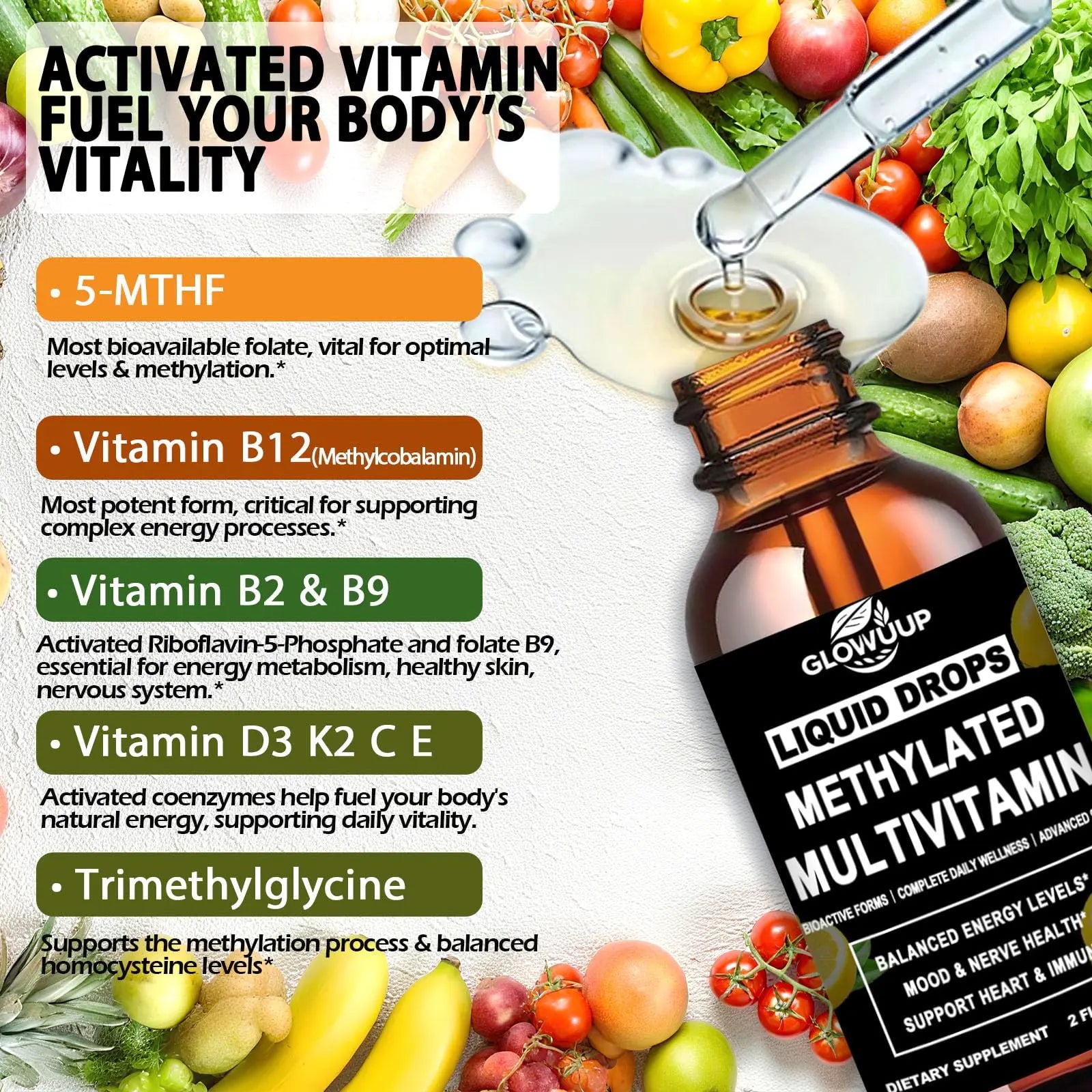 Multivitamin for Women & Men, Methylated Multivitamins & Multiminerals liquid Drops with Methylfolate B12 B2 Vitamin C E D3 K2 GLOVVUUP uk supplements