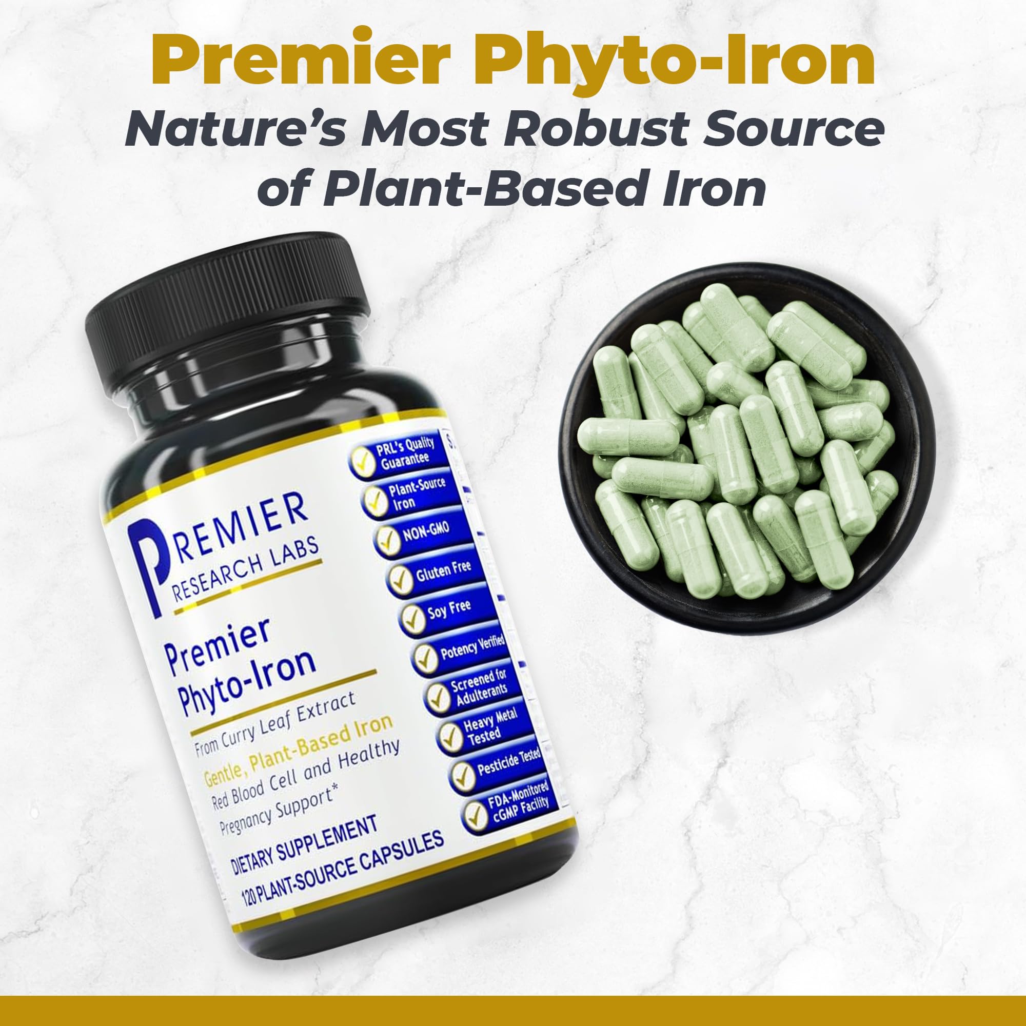 Premier Research Labs Phyto-Iron - Plant Based Iron for Men & Women for Blood Support, Curry Leaves Supplement, Iron Supplements, Non-Heme Iron, 18mg Iron Per Serving - 120 Vegetarian Capsules Premier Research Labs uk supplements