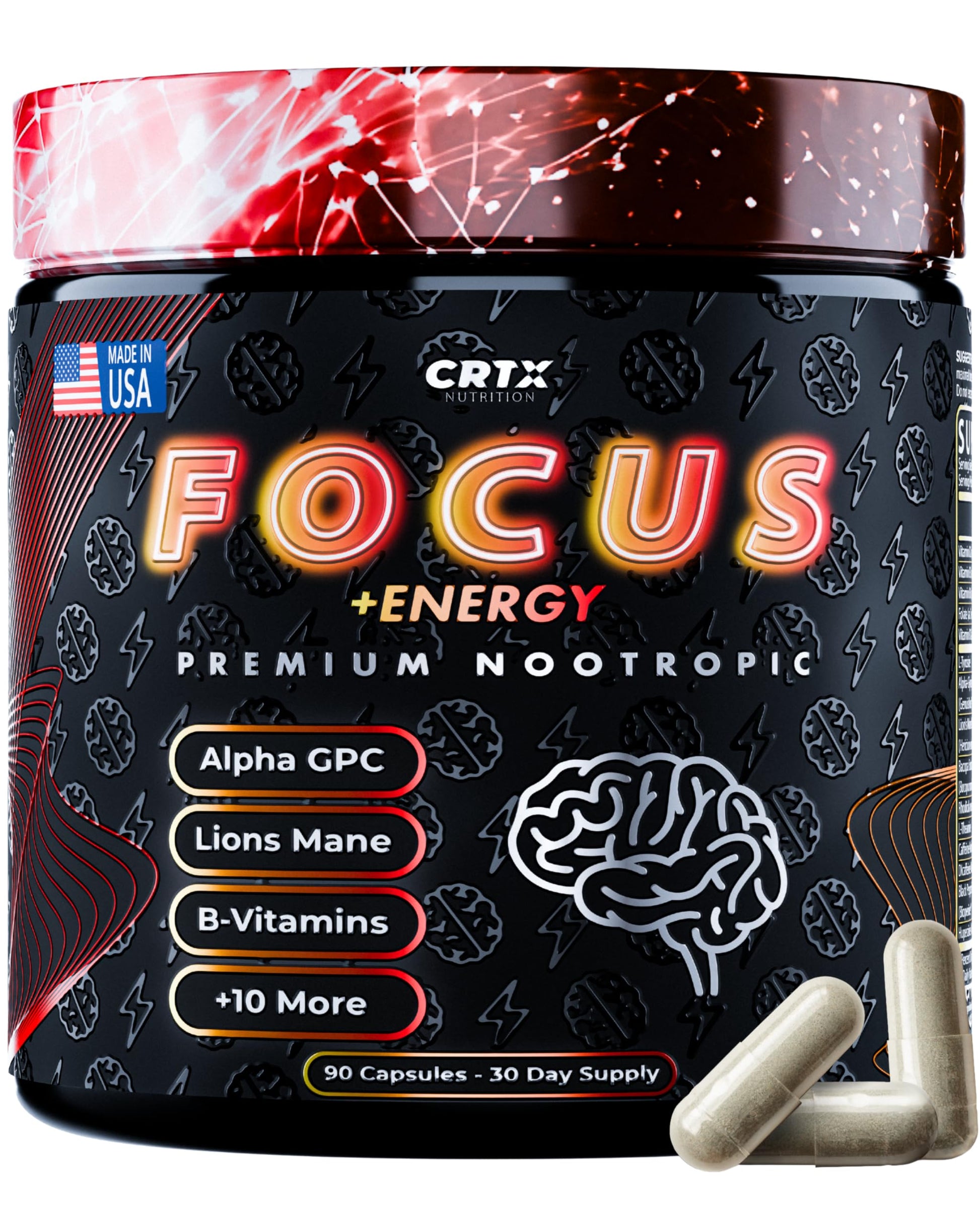 Nootropic Strongest Focus Supplement - Clinically Backed Ingredients Made in USA - Scientifically Backed Doses - Supplement for Brain Fog - AlphaGPC, Lions Mane, Rhodiola and More 10:1 90 Capsules CRTX Nutrition uk supplements