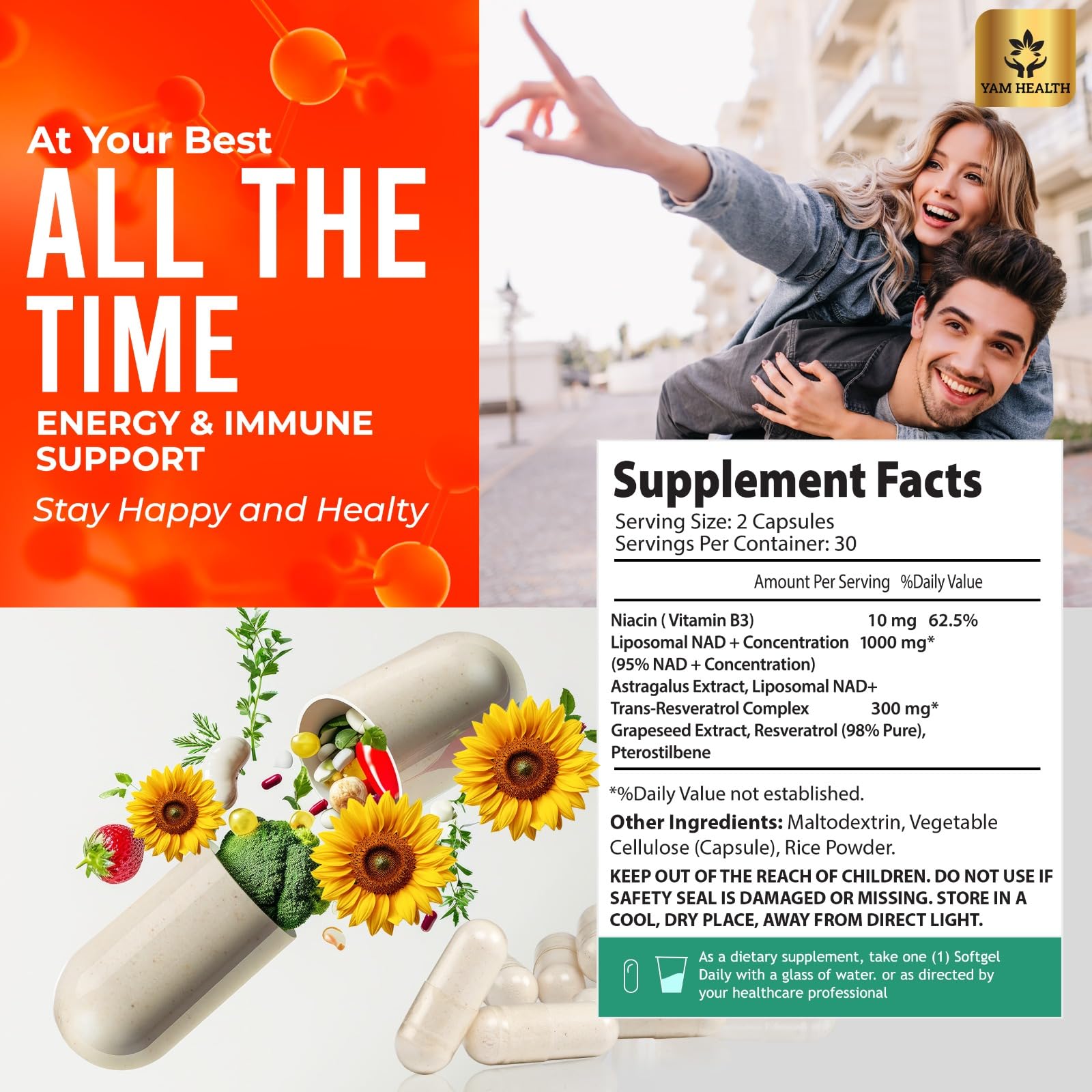 YAM Health Liposomal NAD Nicotinamide Riboside Equivalent with Trans-Resveratrol 300mg, Premium Halal NAD Supplement for Energy Metabolism, DNA Repair and Longevity, Vegan, Non-GMO (60 Count) YAM Health uk supplements